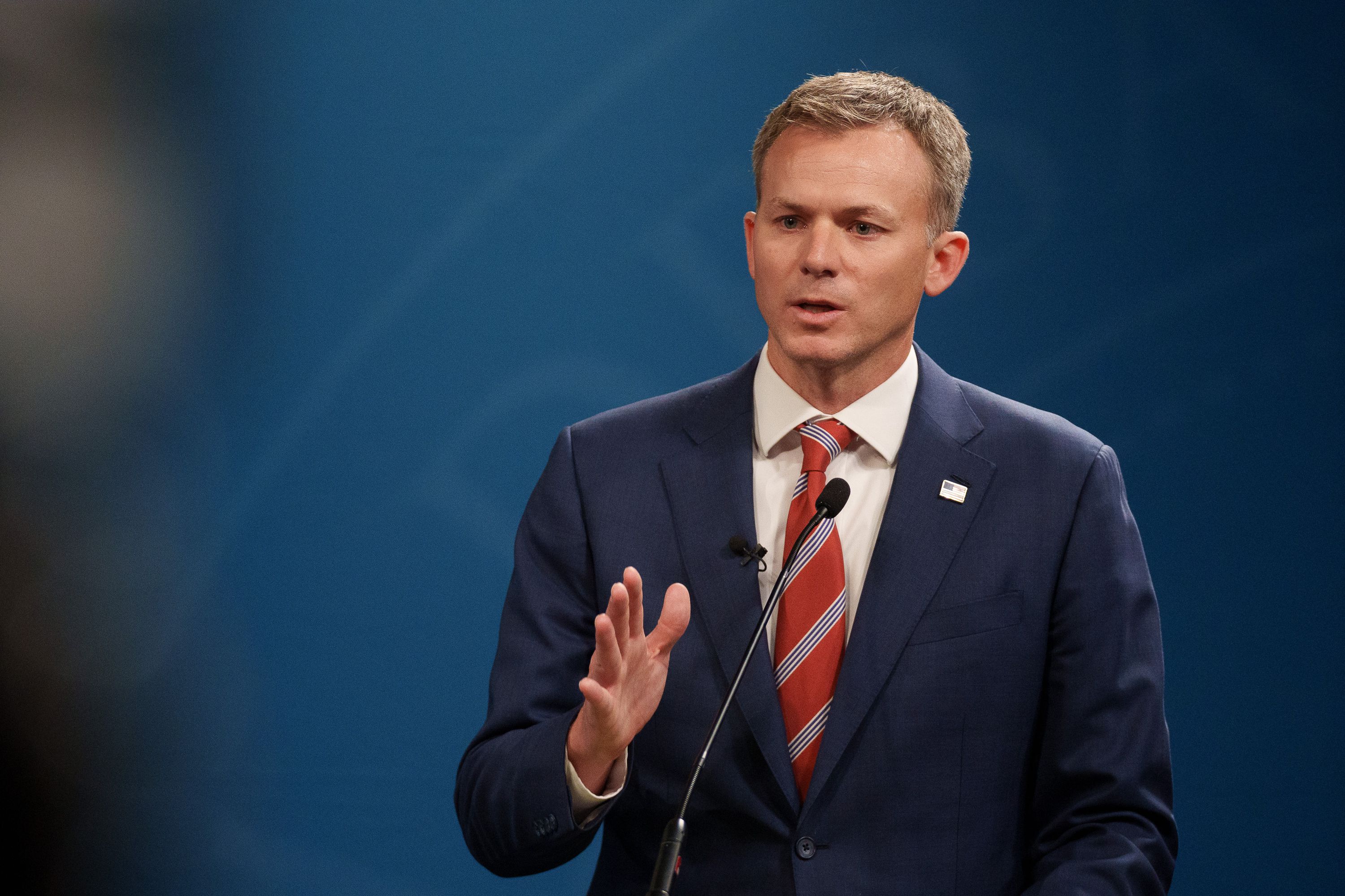 Rep. Blake Moore, R-Utah, speaks during the 1st Congressional District Republican primary debate in Salt Lake City on Thursday. Moore squared off with his GOP opponents Andrew Badger and Tina Cannon during an at times fiery debate Thursday ahead of Utah's June 28 Republican primary.