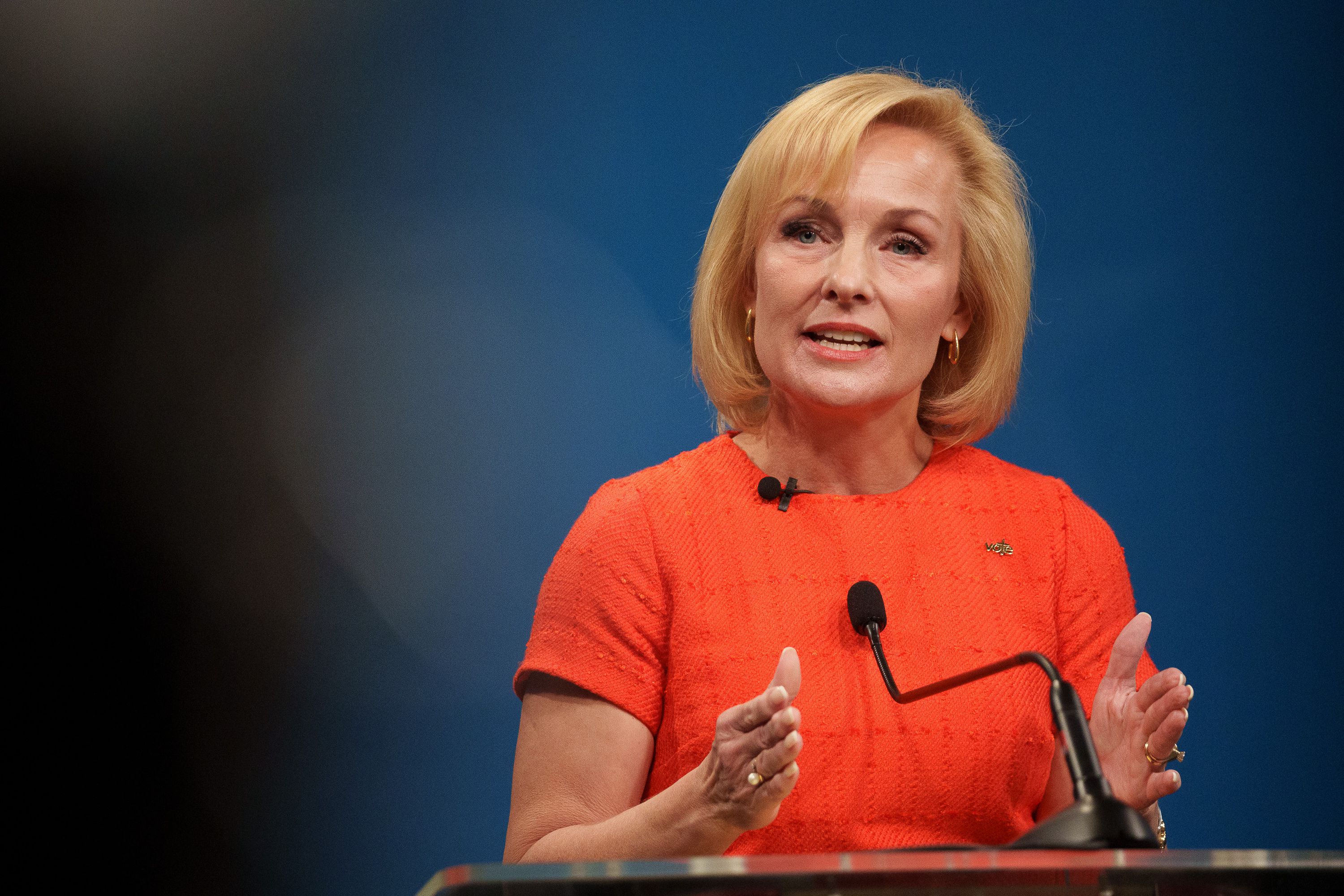 Tina Cannon speaks during the 1st Congressional District Republican primary debate in Salt Lake City on Thursday. Utah Rep. Blake Moore squared off with his GOP opponents Andrew Badger and Cannon during an at times fiery debate ahead of Utah's June 28 Republican primary.