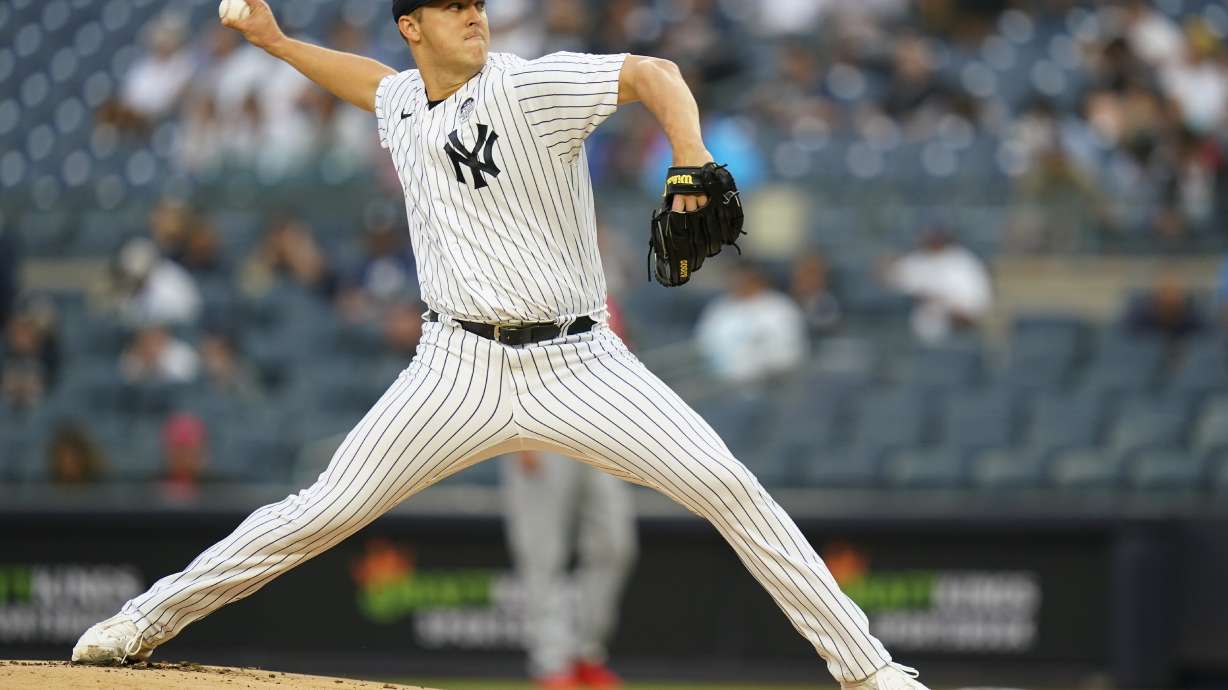 New York Yankees' Jameson Taillon pitches during the first inning in the second baseball game of the team's doubleheader against the Los Angeles Angels on Thursday, June 2, 2022, in New York.