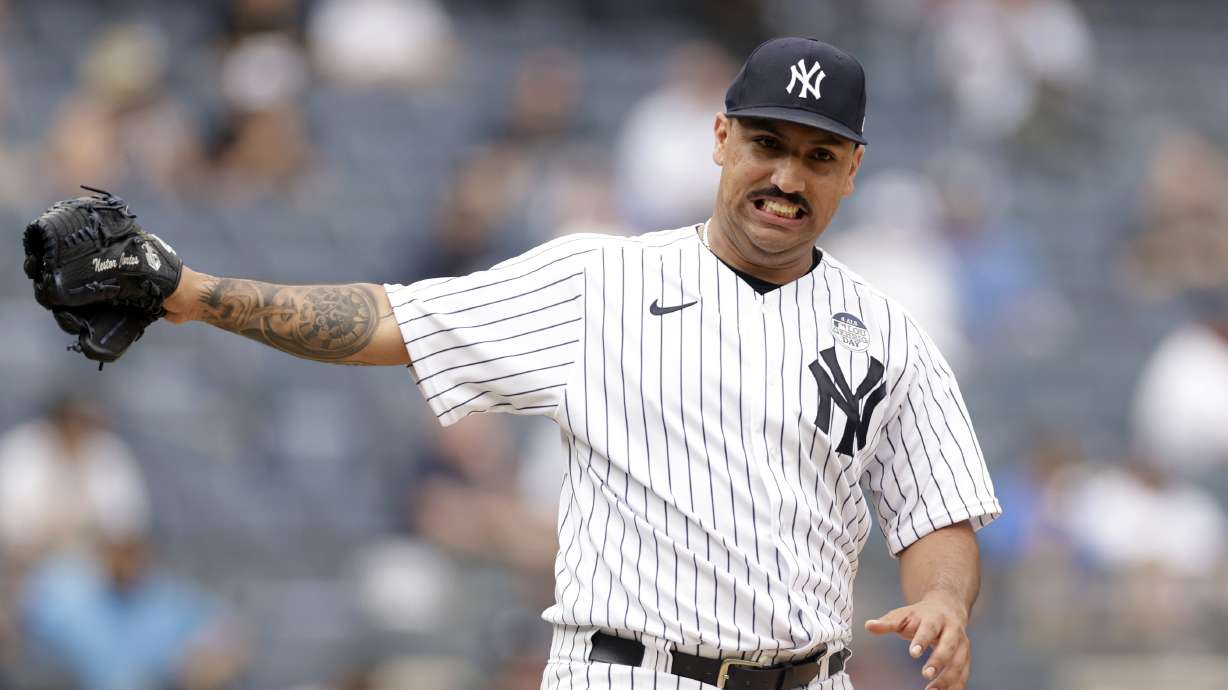 New York Yankees pitcher Nestor Cortes reacts during the fifth inning of the first baseball game of a doubleheader against the Los Angeles Angels on Thursday, June 2, 2022, in New York.