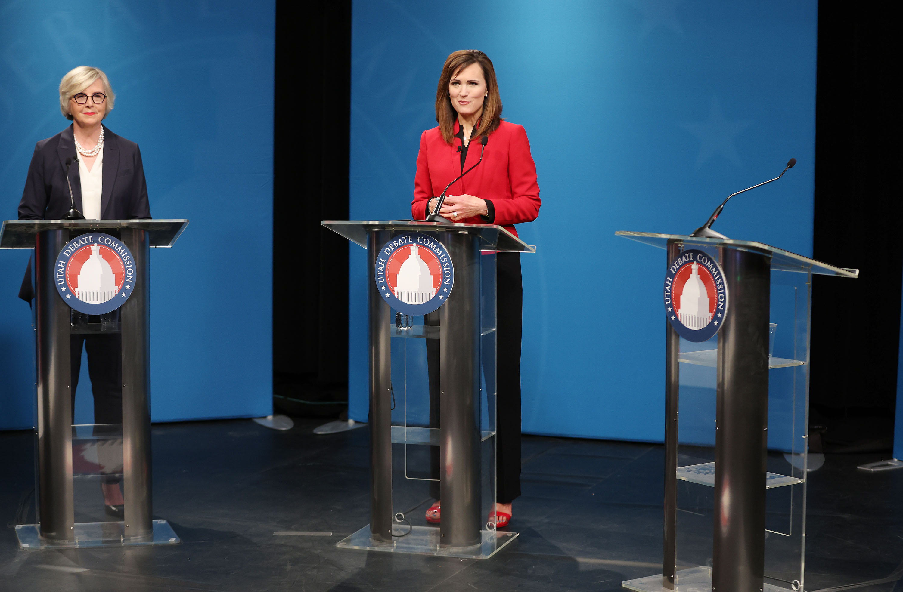 U.S. Senate candidates Becky Edwards, left, and Ally Isom participate in a debate hosted by the Utah Debate Commission at KSL-TV in Salt Lake City on Thursday. Sen. Mike Lee, R-Utah, was absent.