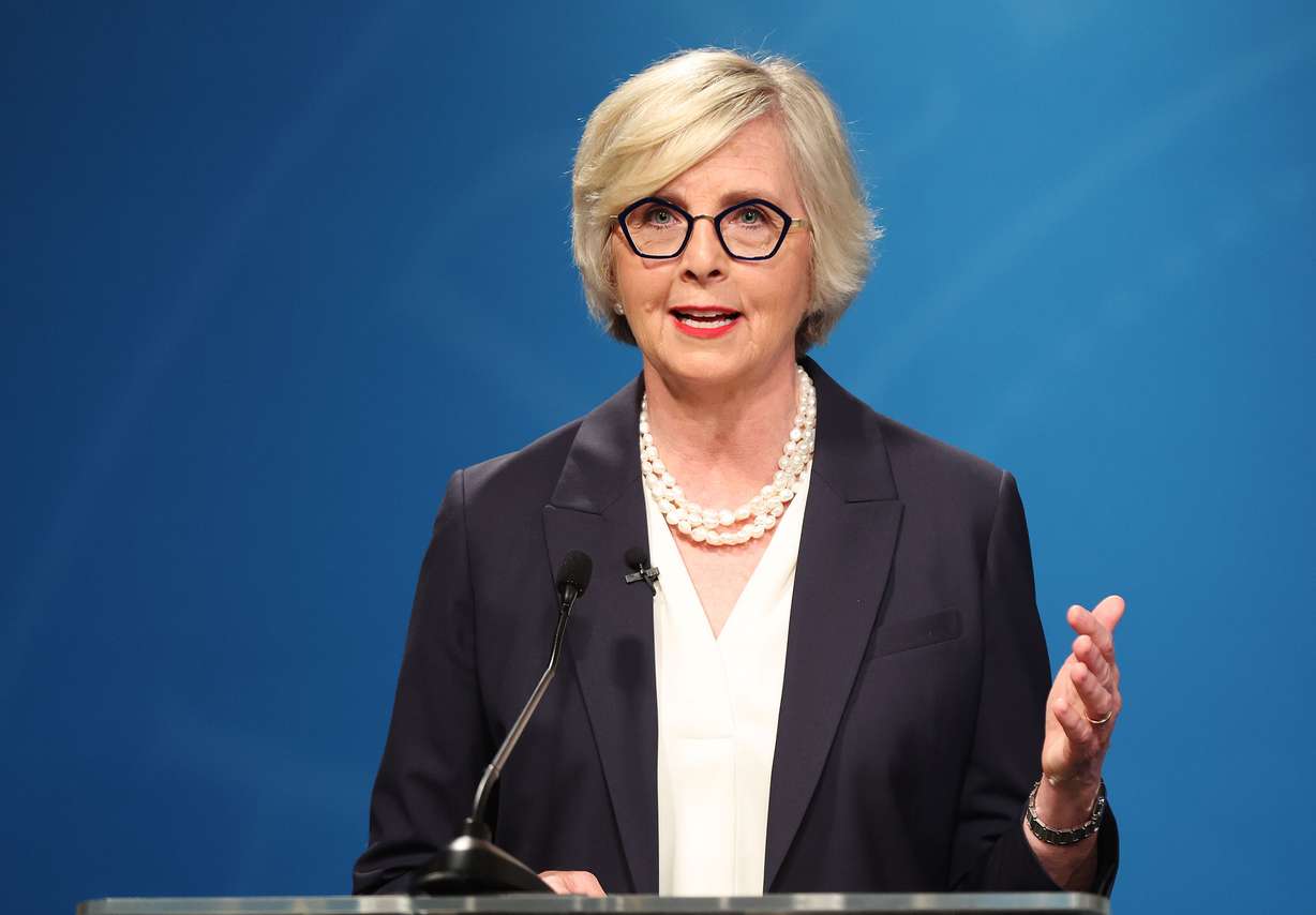 U.S. Senate candidate Becky Edwards, speaks during a debate hosted by the Utah Debate Commission at KSL-TV in Salt Lake City on Thursday. Sen. Mike Lee, R-Utah, was absent.