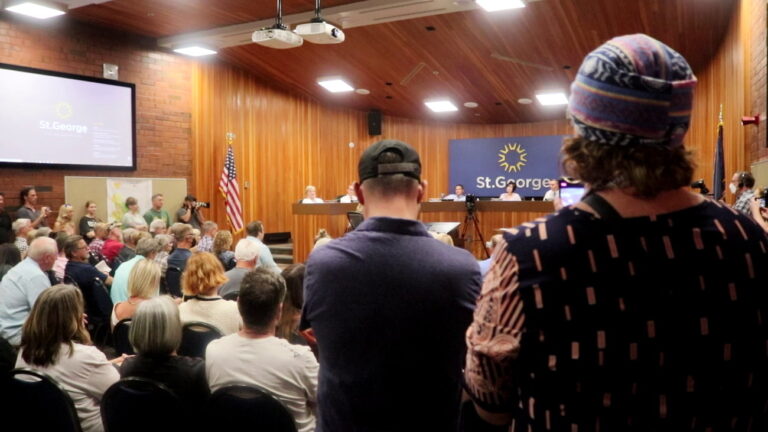 Members of the LGBTQ-plus community piled into the St. George City Council chambers and elsewhere at the City Offices to voice concerns related to social media posts made by a City Council member and rumors of the possible cancellation of a pre-approved drag show to be held in the St. George Town Square, St. George, Thursday.