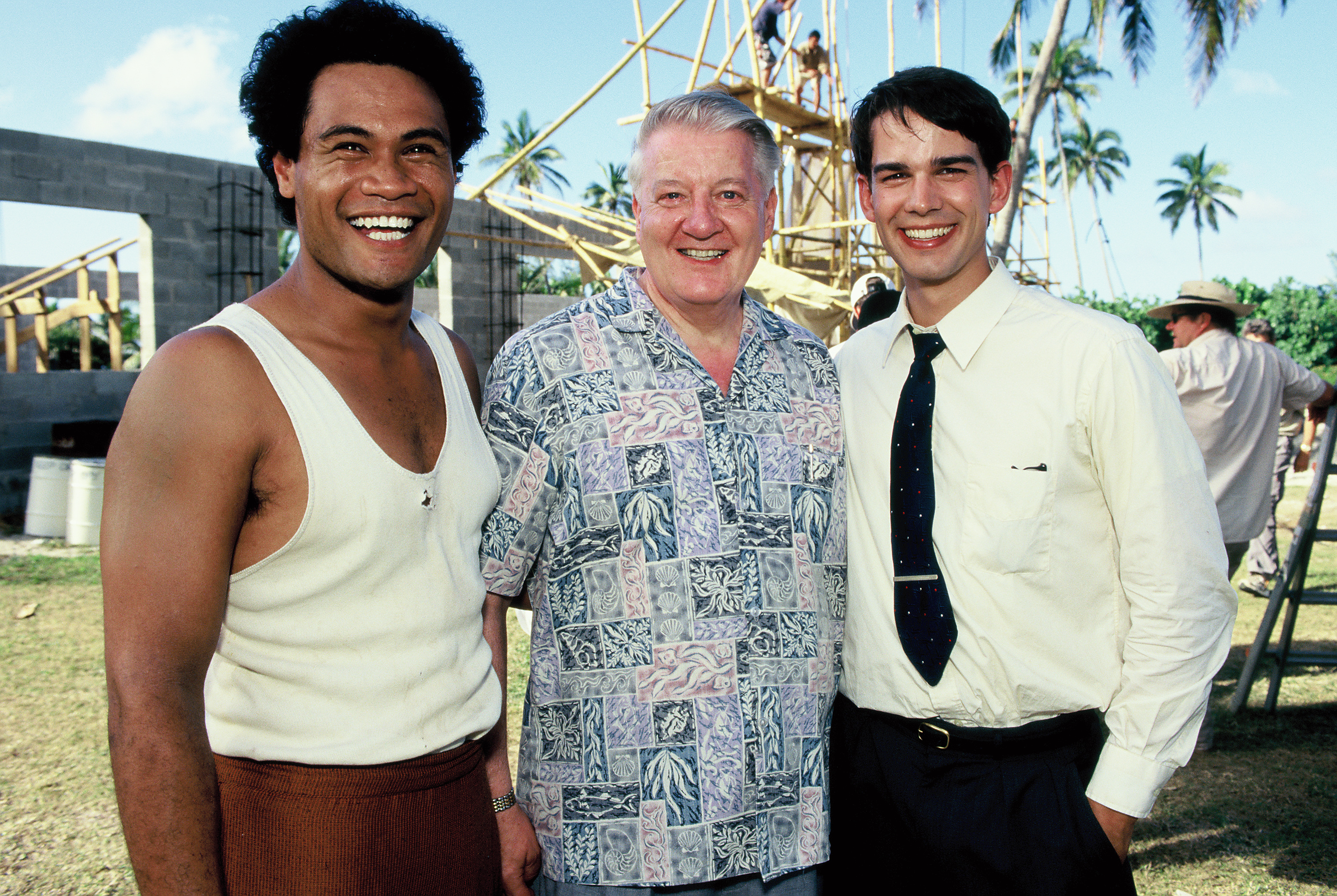 Joe Folau (Feki), Elder John H. Groberg, and Christopher Gorham (Young Elder Groberg) on the set of “The Other Side of Heaven” in New Zealand.
