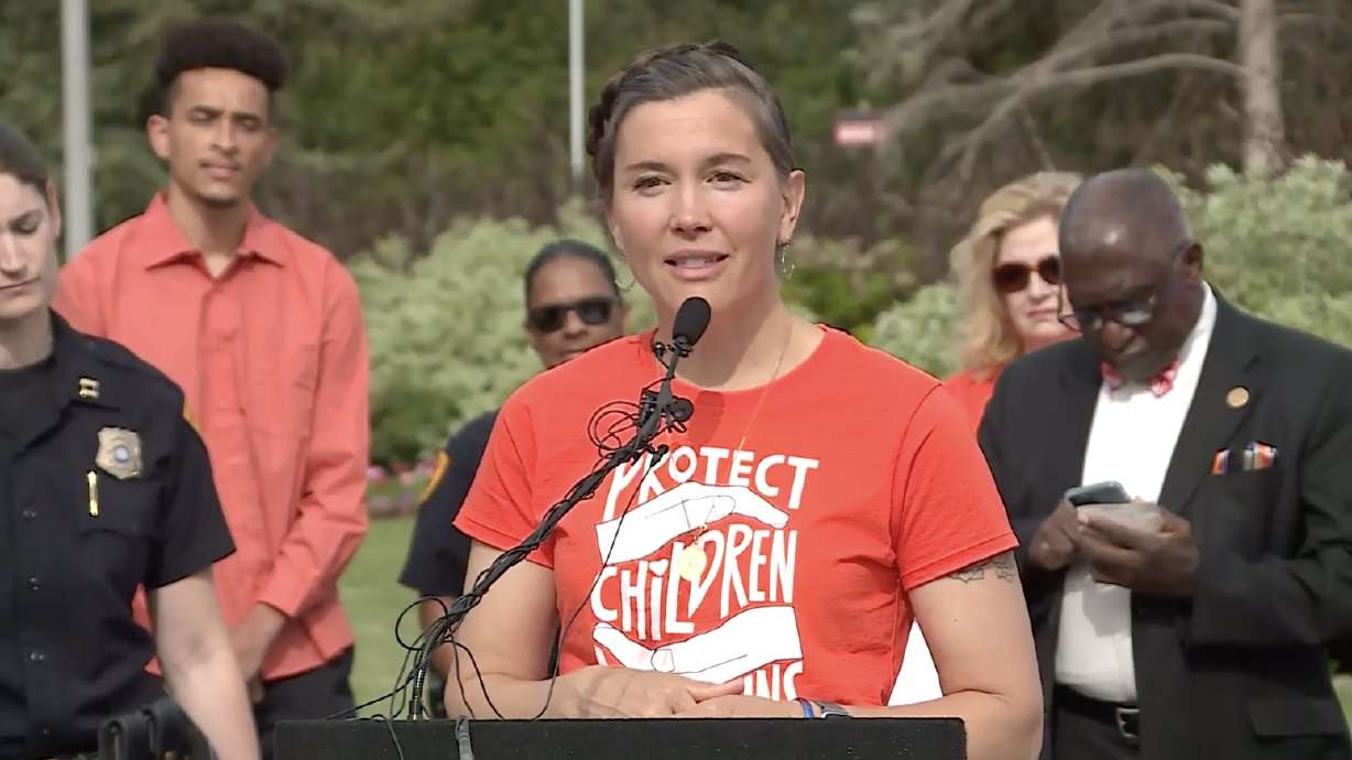 Salt Lake City Erin Mendenhall announces a new city-sponsored gun buyback at the International Peace Gardens in Salt Lake City Friday. The program is the first of its kind since the 1990s.