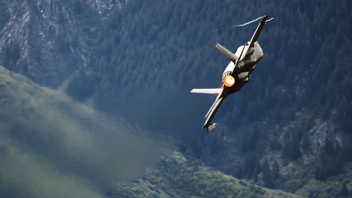 Maj. Kristin “BEO” Wolfe flies during an F-35A Lightning II demonstration team show at Hill Air Force Base on Friday. Wolfe could be seen high up in the skies over the Wasatch mountains, performing aerial maneuvers during an F-35A Lightning II Demonstration Team practice show in preparation for the upcoming Warriors Over the Wasatch Air and Space Show.