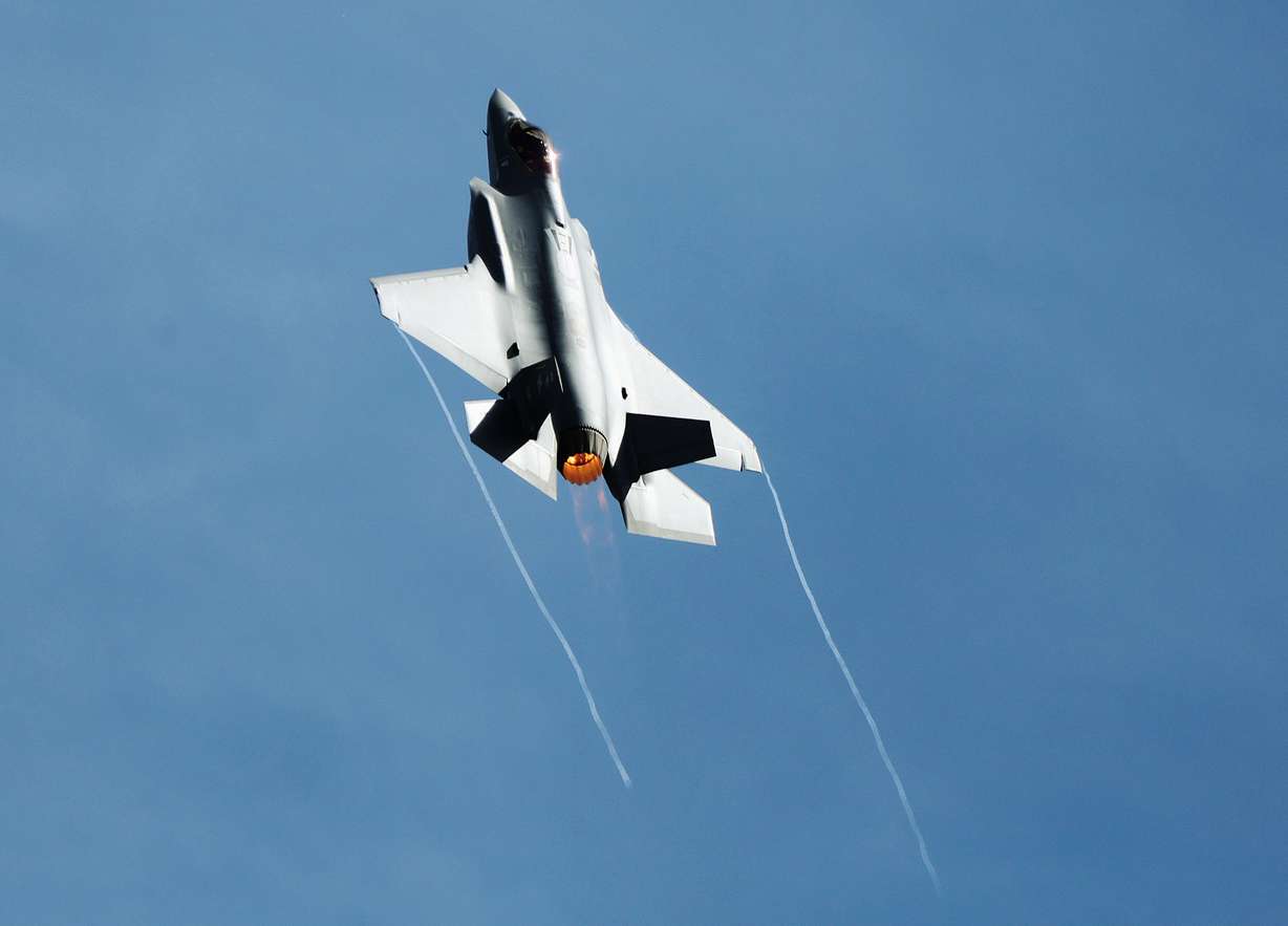 Maj. Kristin “BEO” Wolfe flies during an F-35A Lightning II demonstration team show at Hill Air Force Base on Friday. Wolfe could be seen high up in the skies over the Wasatch mountains, performing aerial maneuvers during an F-35A Lightning II Demonstration Team practice show in preparation for the upcoming Warriors Over the Wasatch Air and Space Show.
