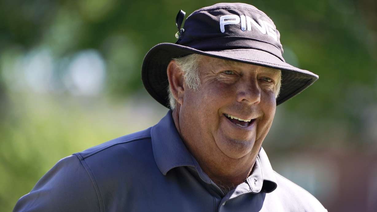 Kirk Triplett walks off the ninth green after finishing his first round of the PGA Tour Champions Principal Charity Classic golf tournament, Friday, June 3, 2022, in Des Moines, Iowa.