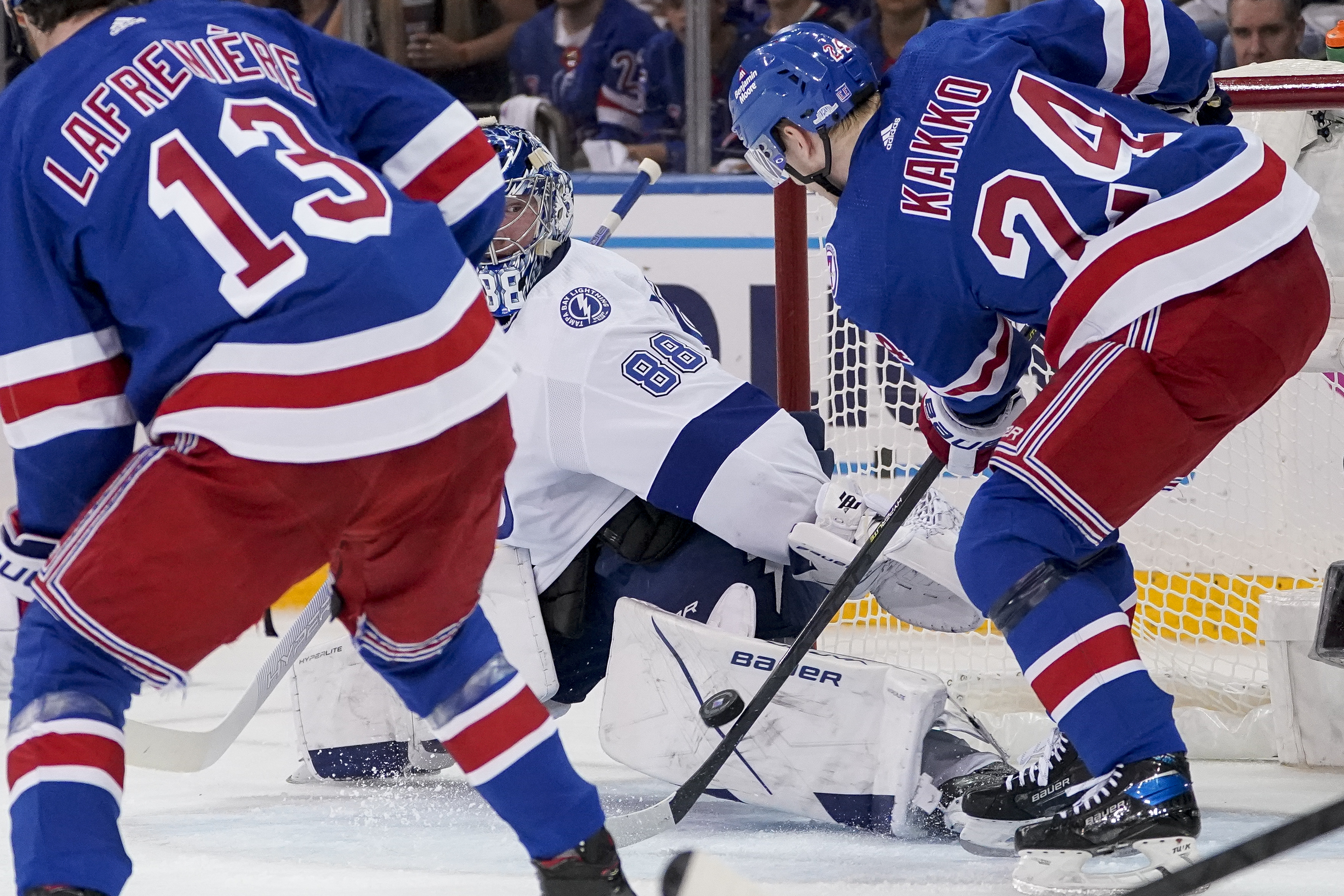 New York Rangers right wing Kaapo Kakko (24) scores on Tampa Bay Lightning goaltender Andrei Vasilevskiy (88) in the first period of Game 2 of the NHL hockey Stanley Cup playoffs Eastern Conference finals, Friday, June 3, 2022, in New York. 