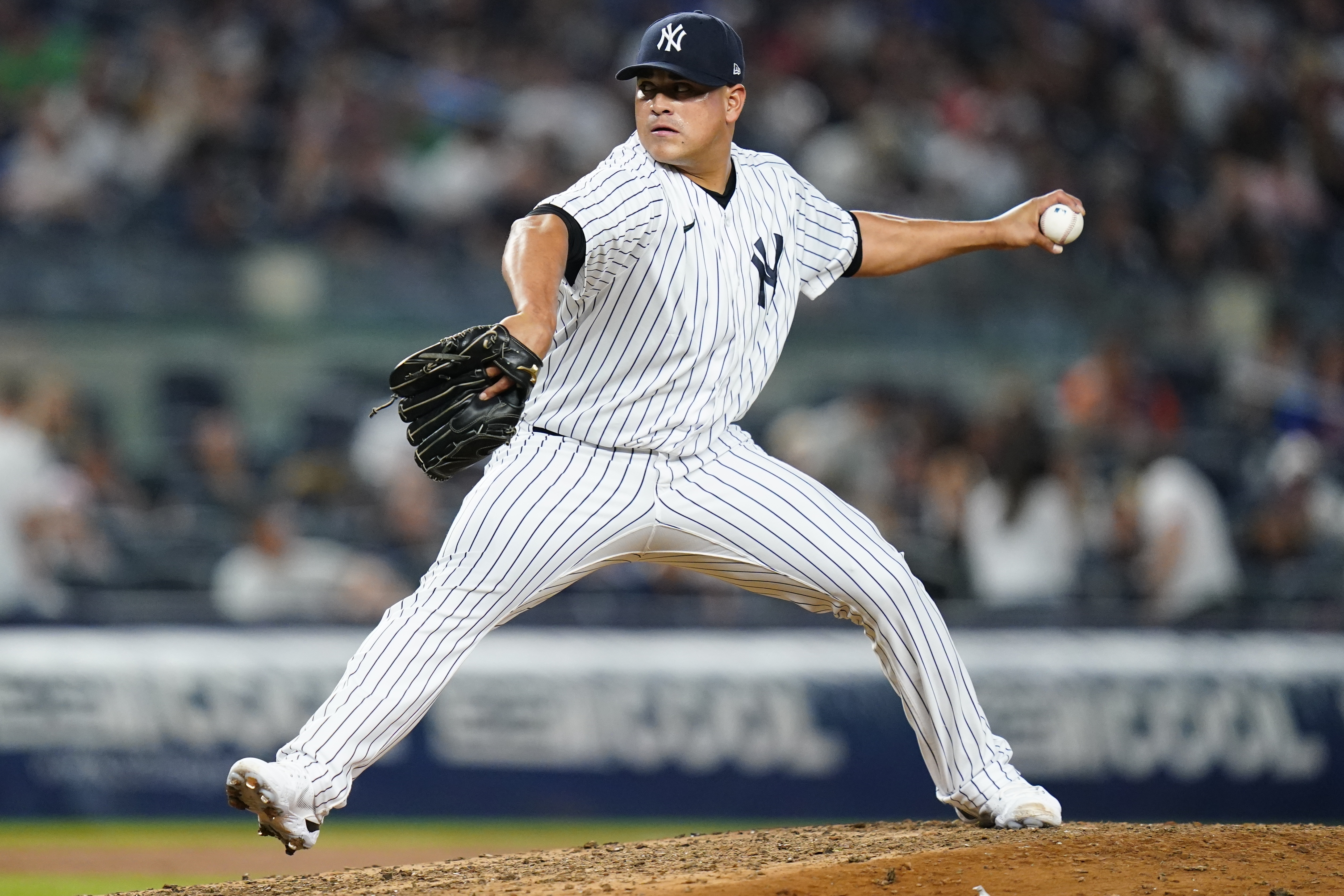 New York Yankees' Manny Banuelos pitches during the eighth inning of the team's baseball game against the Detroit Tigers on Friday, June 3, 2022, in New York. 