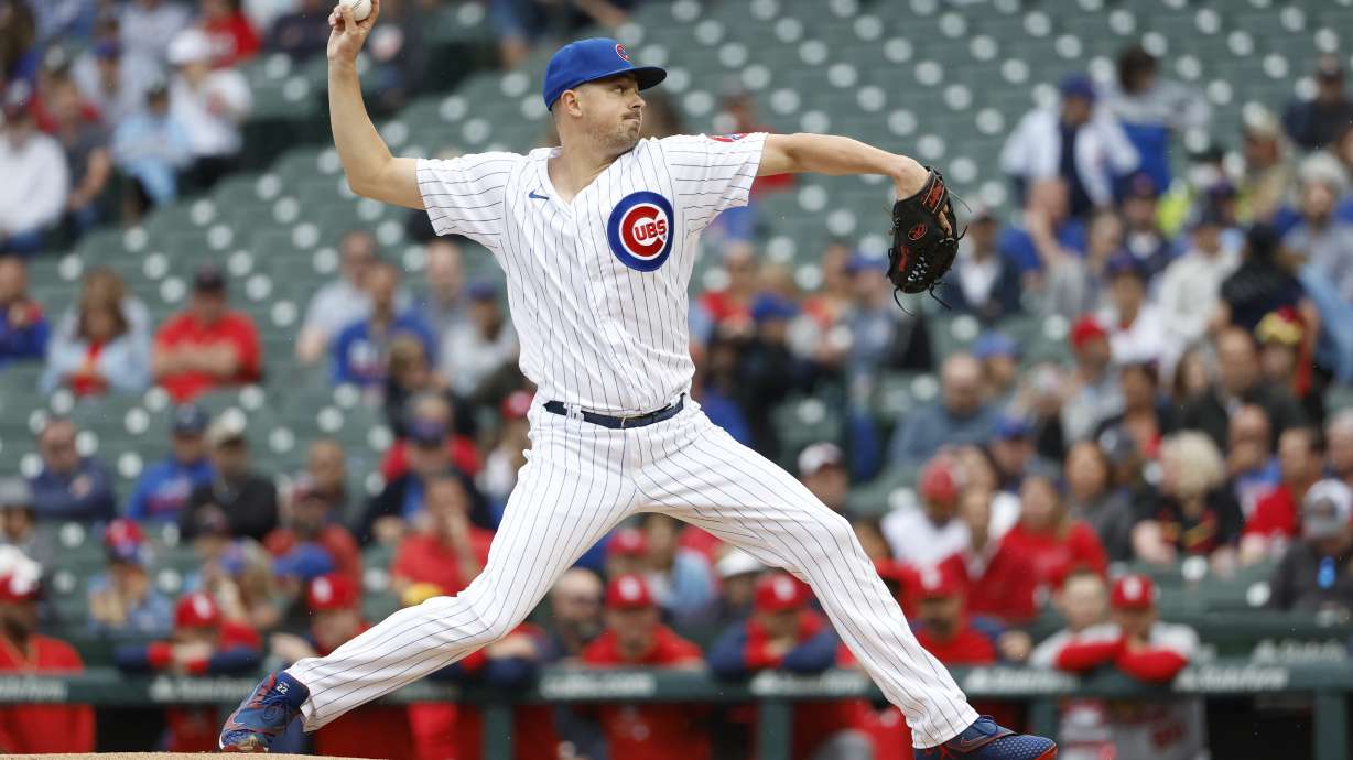 Chicago Cubs starting pitcher Matt Swarmer delivers against the St. Louis Cardinals during the first inning of the first baseball game of a doubleheader, Saturday, June 4, 2022, in Chicago.