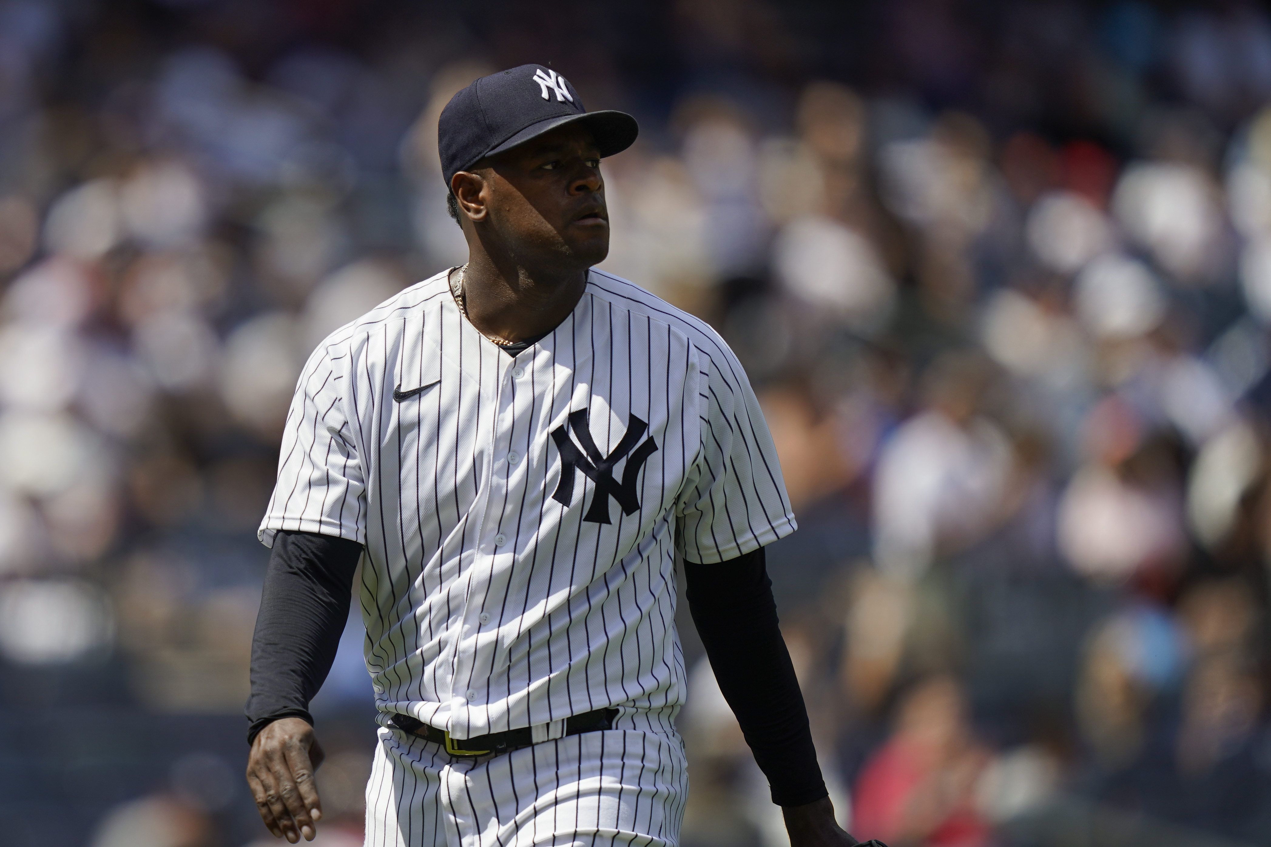 New York Yankees starting pitcher Luis Severino (40) walks back to the dugout during the change in the seventh inning of a baseball game against the Detroit Tigers, Saturday, June 4, 2022, in New York.