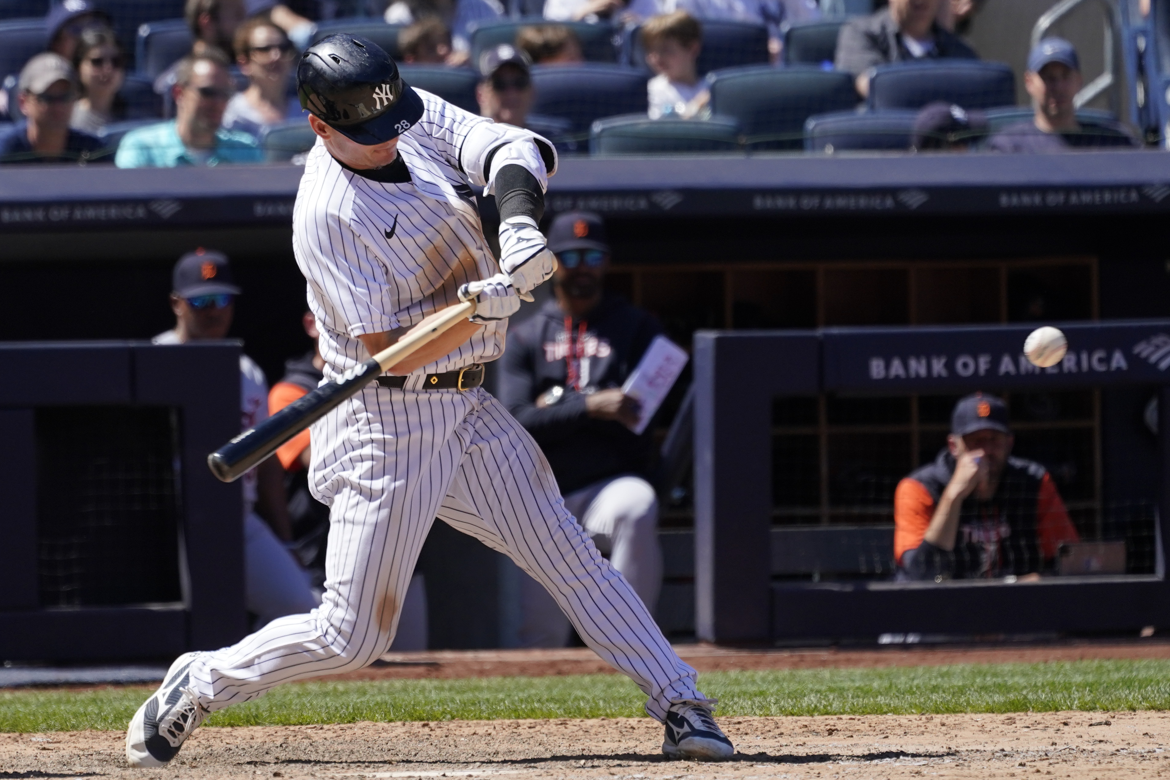 New York Yankees' Josh Donaldson hits a game ending sacrifice fly in the tenth inning of a baseball game against the Detroit Tigers, Sunday, June 5, 2022, in New York. 