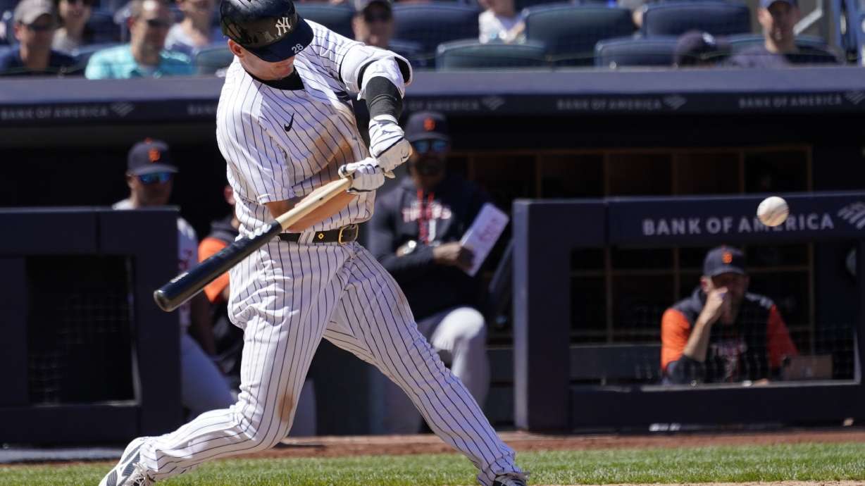 New York Yankees' Josh Donaldson hits a game ending sacrifice fly in the tenth inning of a baseball game against the Detroit Tigers, Sunday, June 5, 2022, in New York.