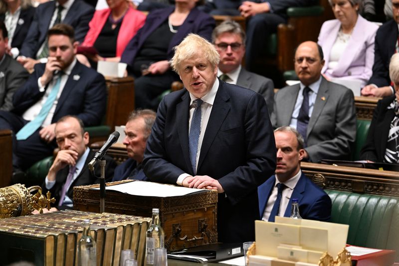 British Prime Minister Boris Johnson speaks during his statement on the Sue Gray Report, at the House of Commons, in London, Britain, May 25.