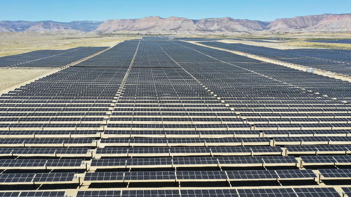 A solar farm in Clawson, Emery County, is pictured on May 11. Multiple solar farms are sprouting up in Emery County. High tariffs are causing delays in projects that can help this rural part of the state and its ranchers monetize their land.
