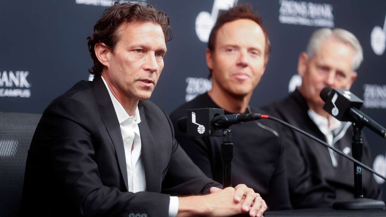 Former Utah Jazz head coach Quin Snyder talks about his decision to resign after eight seasons at a press conference at the Zions Bank Basketball Center in Salt Lake City on Monday, as Jazz owner Ryan Smith and Danny Ainge, Utah Jazz Basketball CEO, look on. Snyder does not know what is next for him, and the Utah Jazz do not know who will replace him yet.