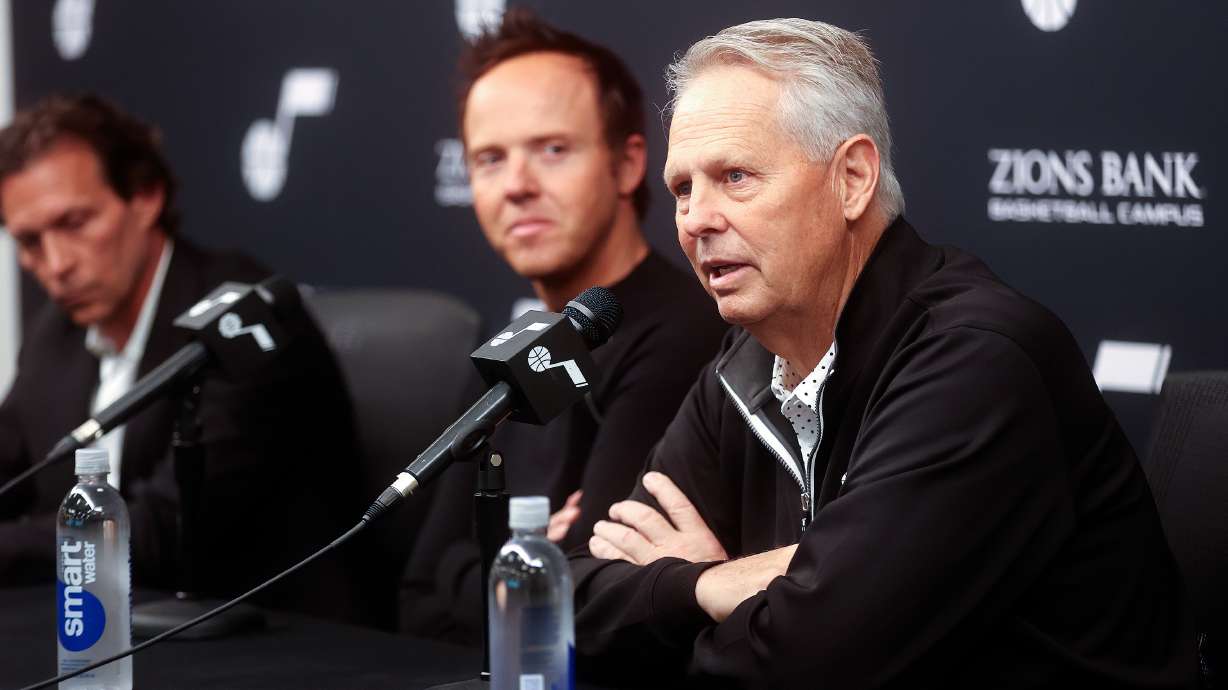 Utah Jazz head coach Quin Snyder, left, and Jazz owner Ryan Smith, listen as Danny Ainge, Utah Jazz Basketball CEO, speaks during a press conference about Snyder’s resignation at the Zions Bank Basketball Center in Salt Lake City on Monday, June 6, 2022. Snyder does not know what is next for him, and the Utah Jazz do not know who will replace him yet.