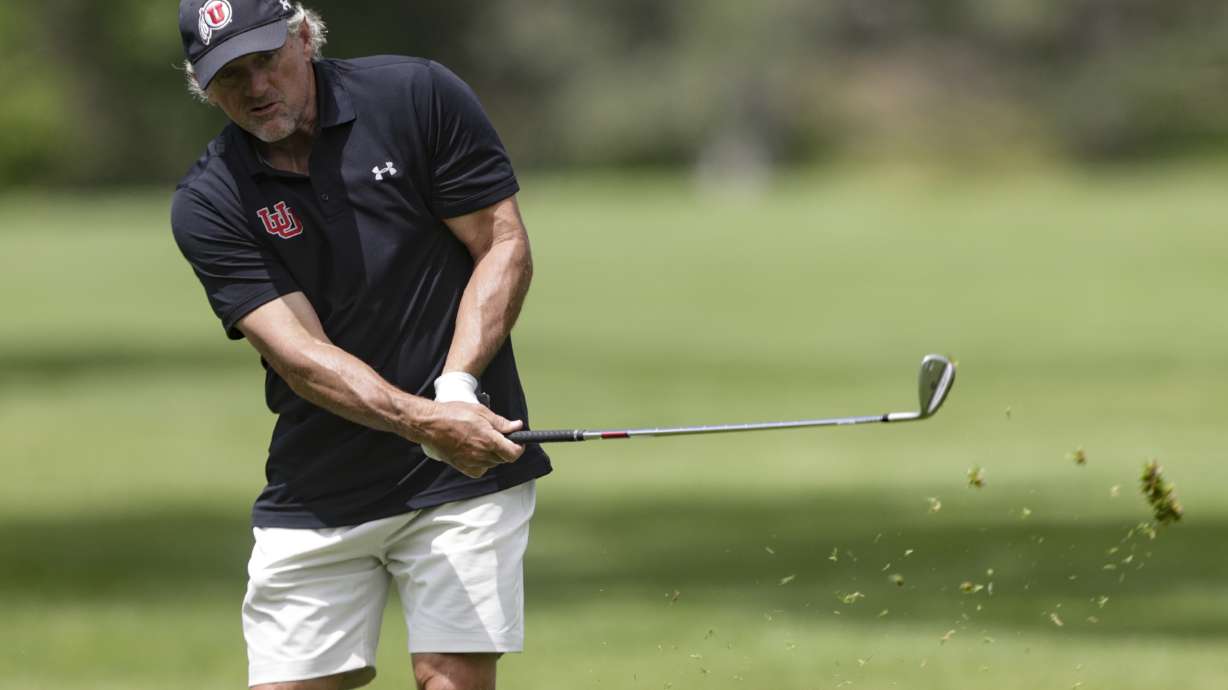 Utah Utes football head coach Kyle Whittingham watches a ball during the Coaches Legacy Golf Invitational at Hidden Valley Country Club in Sandy on Monday, June 6, 2022.