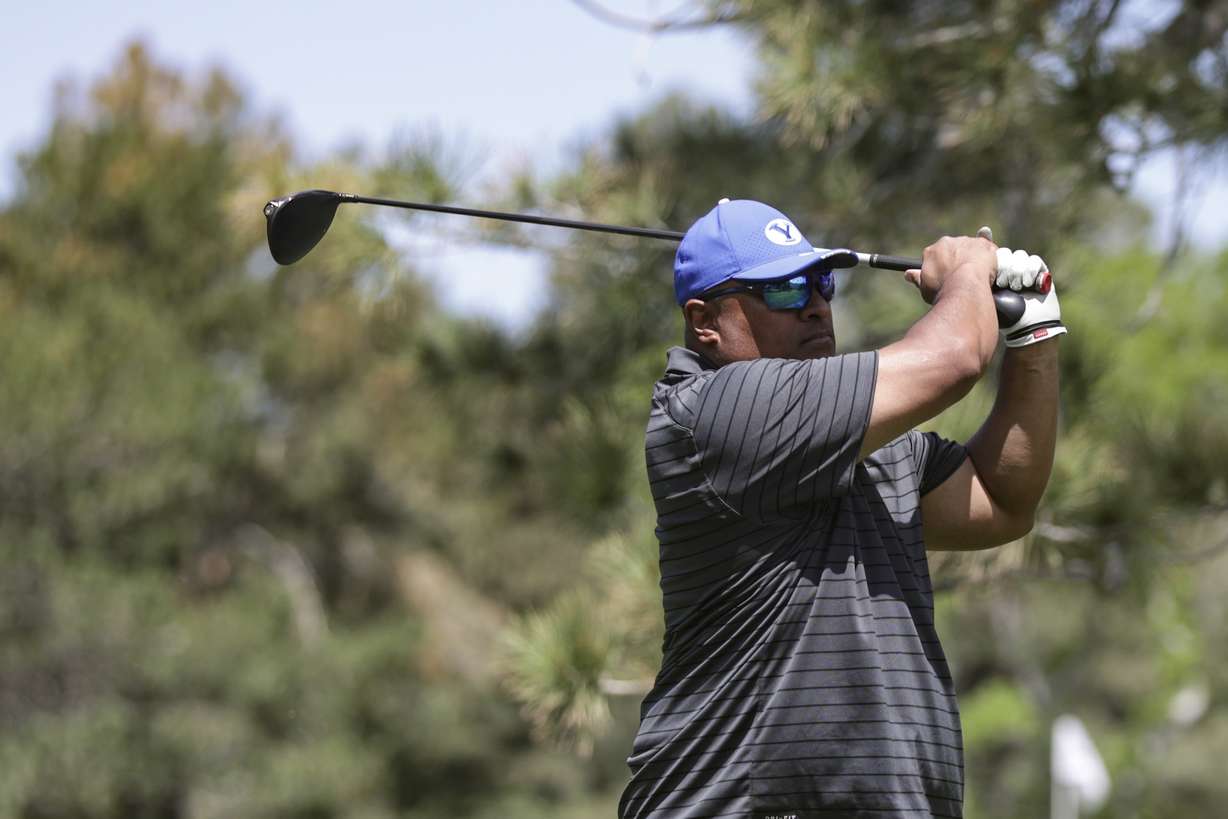 BYU football head coach Kalani Sitake drives off the tee during the Coaches Legacy Golf Invitational at Hidden Valley Country Club in Sandy on Monday, June 6, 2022.