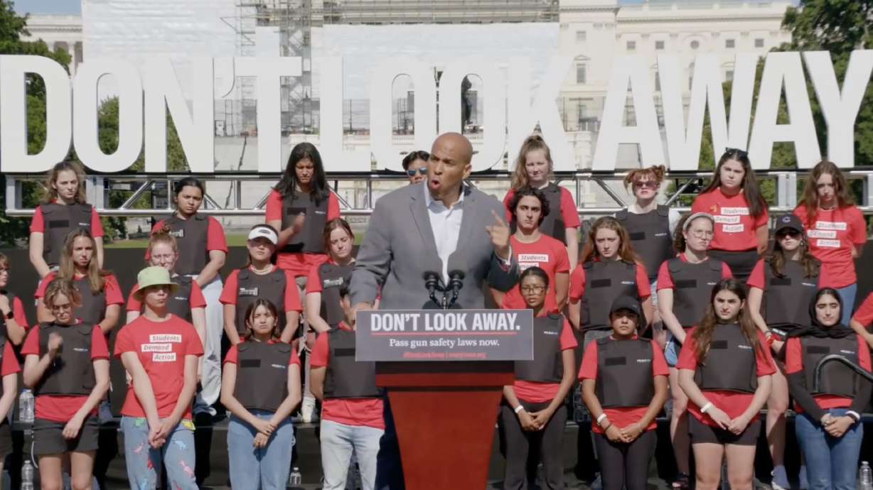 U.S. Sen. Cory Booker, D-N.J., speaks at a rally for better gun safety laws at the U.S. Capitol on Monday. A Utah County native was among a group of students who gathered with senators at the U.S. Capitol on Monday urging lawmakers to act on gun safety after a recent shooting at a Buffalo supermarket and a shooting at Robb Elementary School in Uvalde, Texas.