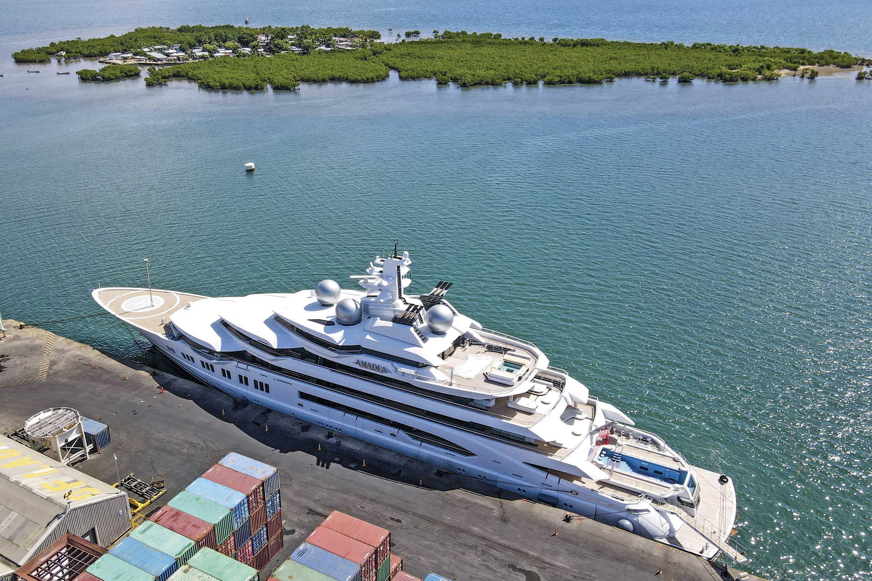 The superyacht Amadea is docked at the Queens Wharf in Lautoka, Fiji, on April 15. The U.S. on Tuesday won a legal battle to seize the Russian-owned superyacht and wasted no time in taking command of the $325 million vessel and sailing it away from the South Pacific nation.