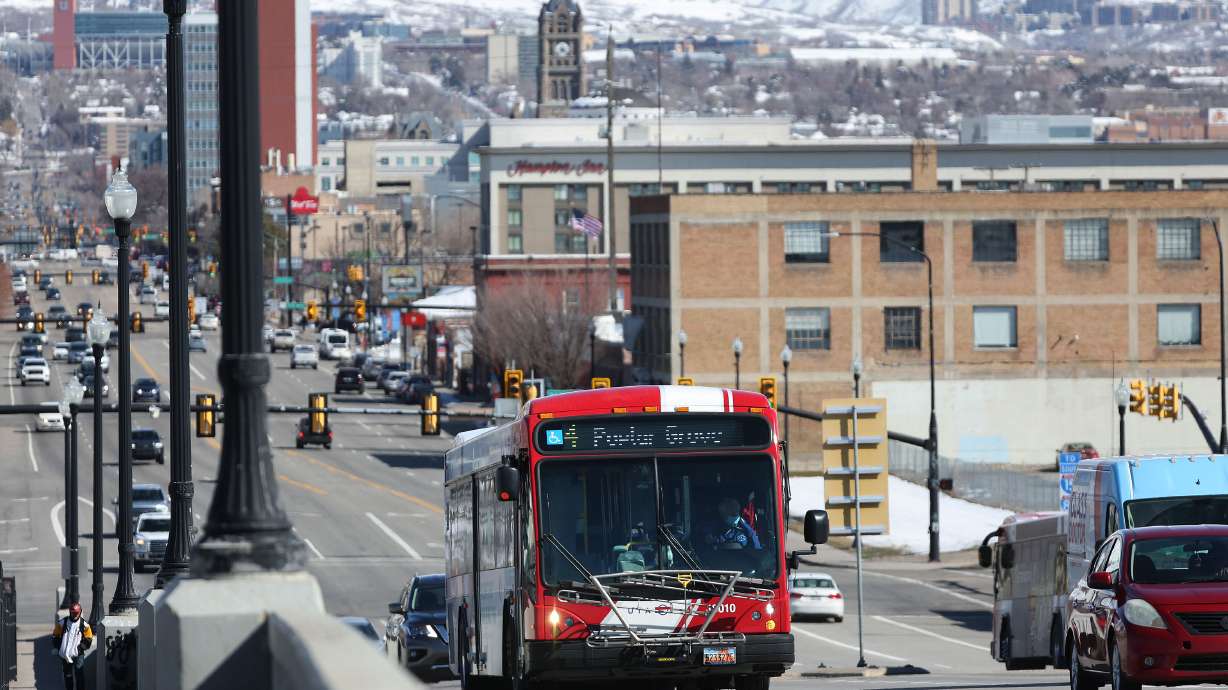 A UTA bus travels on 400 South in Salt Lake City on March 10, 2022. The agency is proposing a 50-cent increase to its base fares, which could go into effect next year.