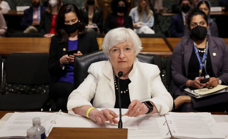 U.S. Treasury Secretary Janet Yellen is seated to testify before a Senate Finance Committee hearing on President Biden's 2023 budget, on Capitol Hill in Washington, Tuesday.