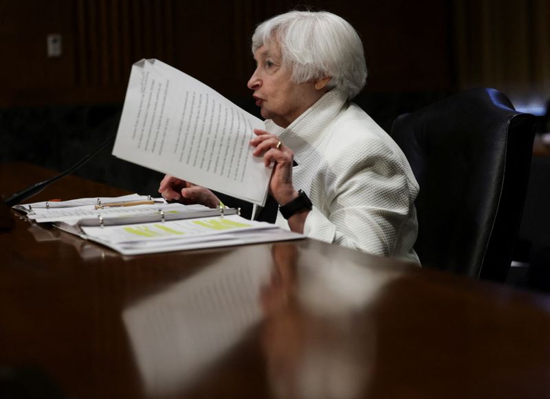 U.S. Treasury Secretary Janet Yellen holds notes as she testifies before a Senate Finance Committee hearing on President Biden's 2023 budget, on Capitol Hill in Washington, Tuesday.