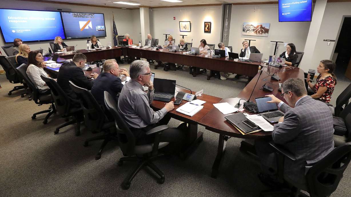 The Utah State Board of Education meets in Salt Lake City on Aug. 5, 2021. After partnering for nearly 20 years with state health and human services agencies on a biennial student survey on health and risk prevention, the Utah State Board of Education has voted to withdraw its support.