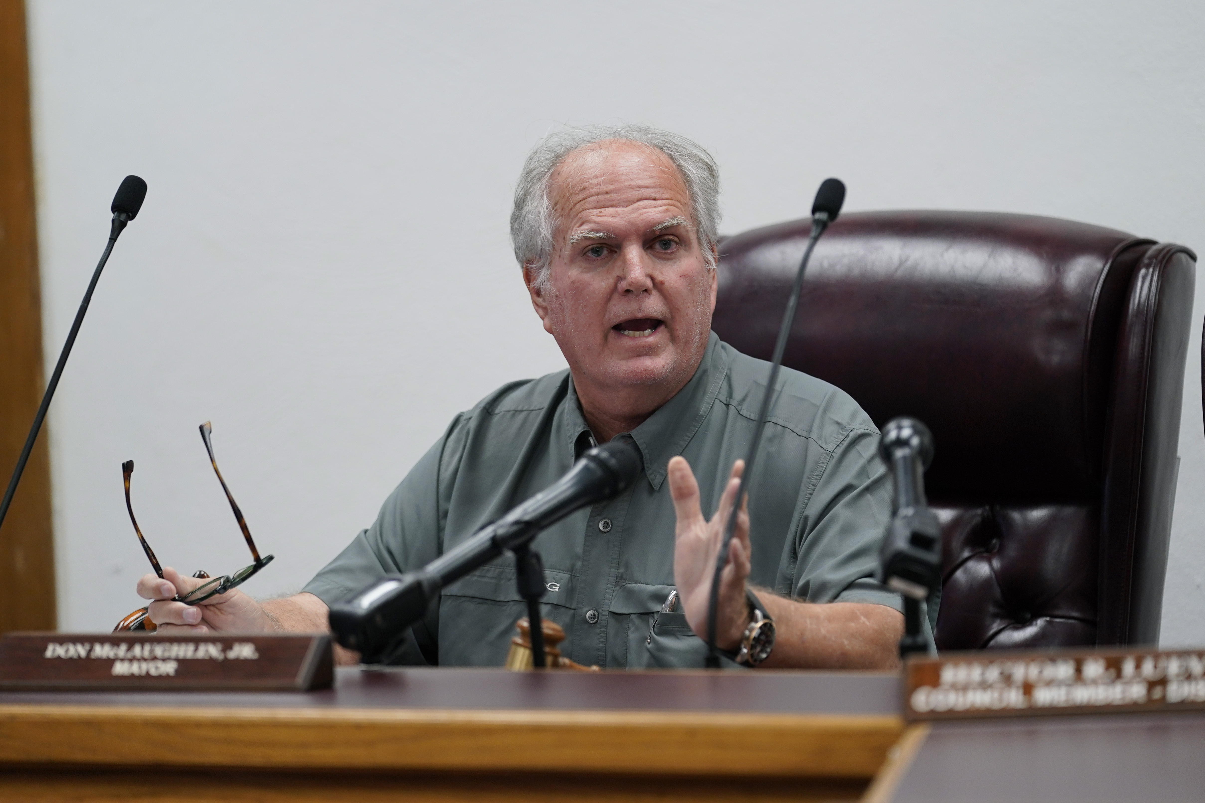 Uvalde Mayor Don McLaughlin, Jr., speaks during a special emergency city council meeting, Tuesday, in Uvalde, Texas. The school district police chief criticized for waiting too long before ordering law enforcement to confront and kill the gunman during a mass shooting at a Texas elementary school did not appear at a Uvalde City Council meeting, despite being newly elected to the panel.
