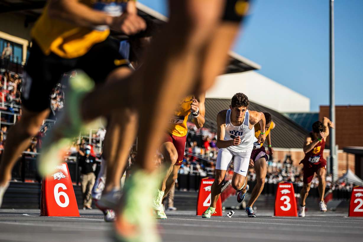 BYU's Sebastian Fernandez races in the 800 meters at the NCAA Championship West Preliminary Meet in Fayetteville, Arkansas, May 27, 2022.
