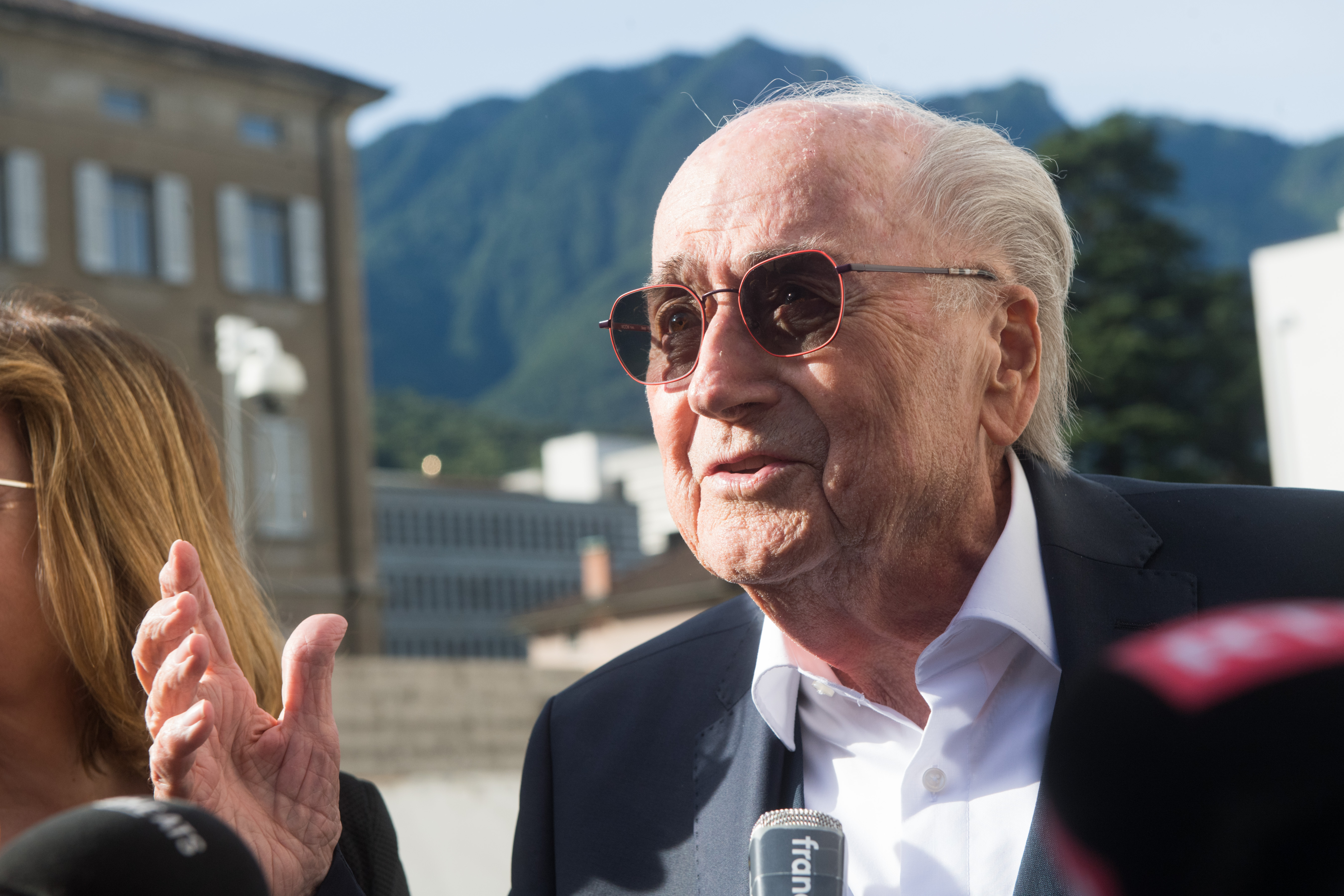 The former president of the World Football Association (FIFA), Joseph Blatter, gestures as he arrives at the Swiss Federal Criminal Court in Bellinzona, Switzerland, Wednesday, June 8, 2022. Blatter and the former president of the the European Football Association (UEFA), Michel Platini, will stand trial before the Federal Criminal Court from Wednesday, over a suspicious two-million payment. 