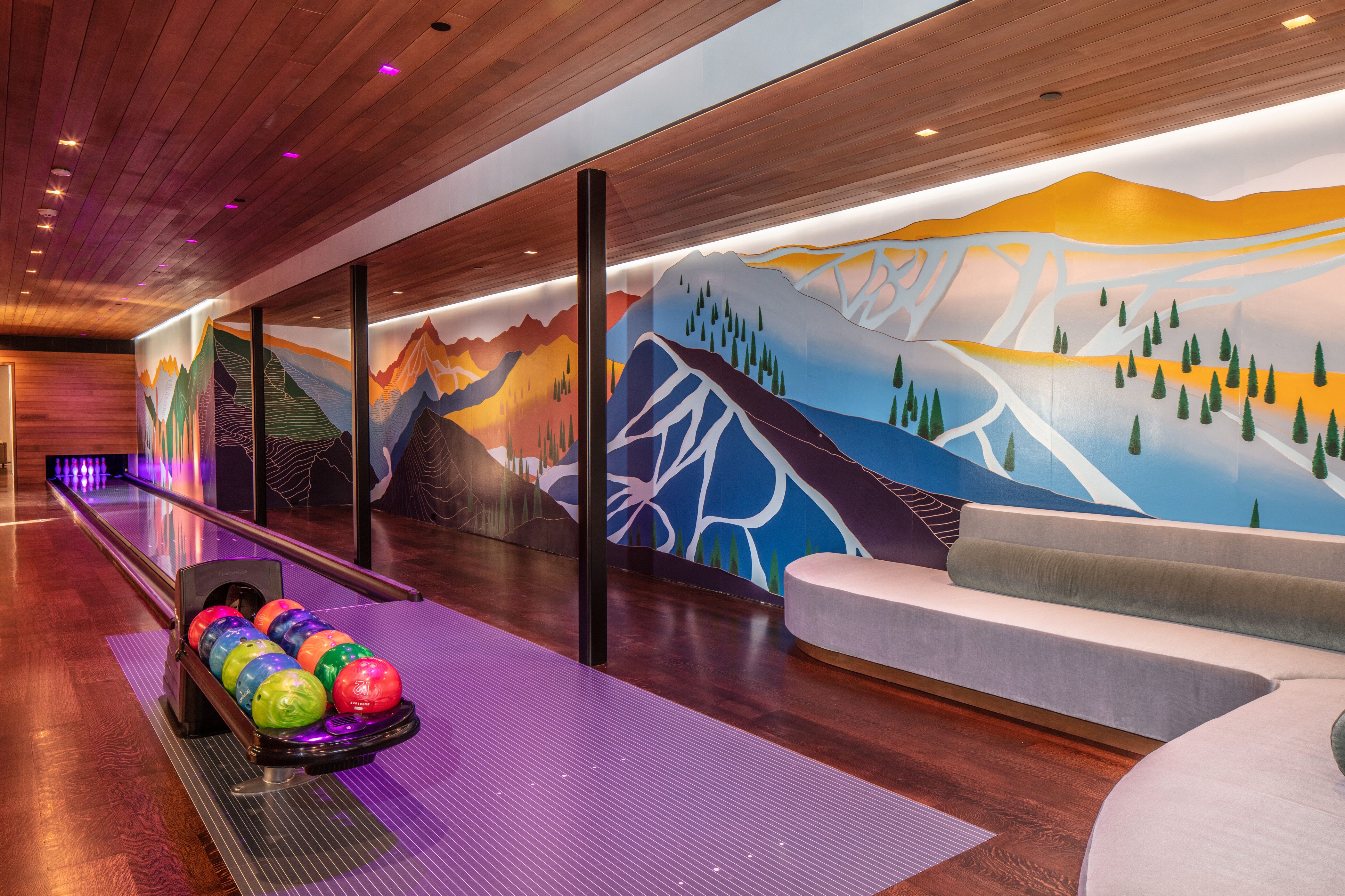 The home includes a Brunswick bowling alley.