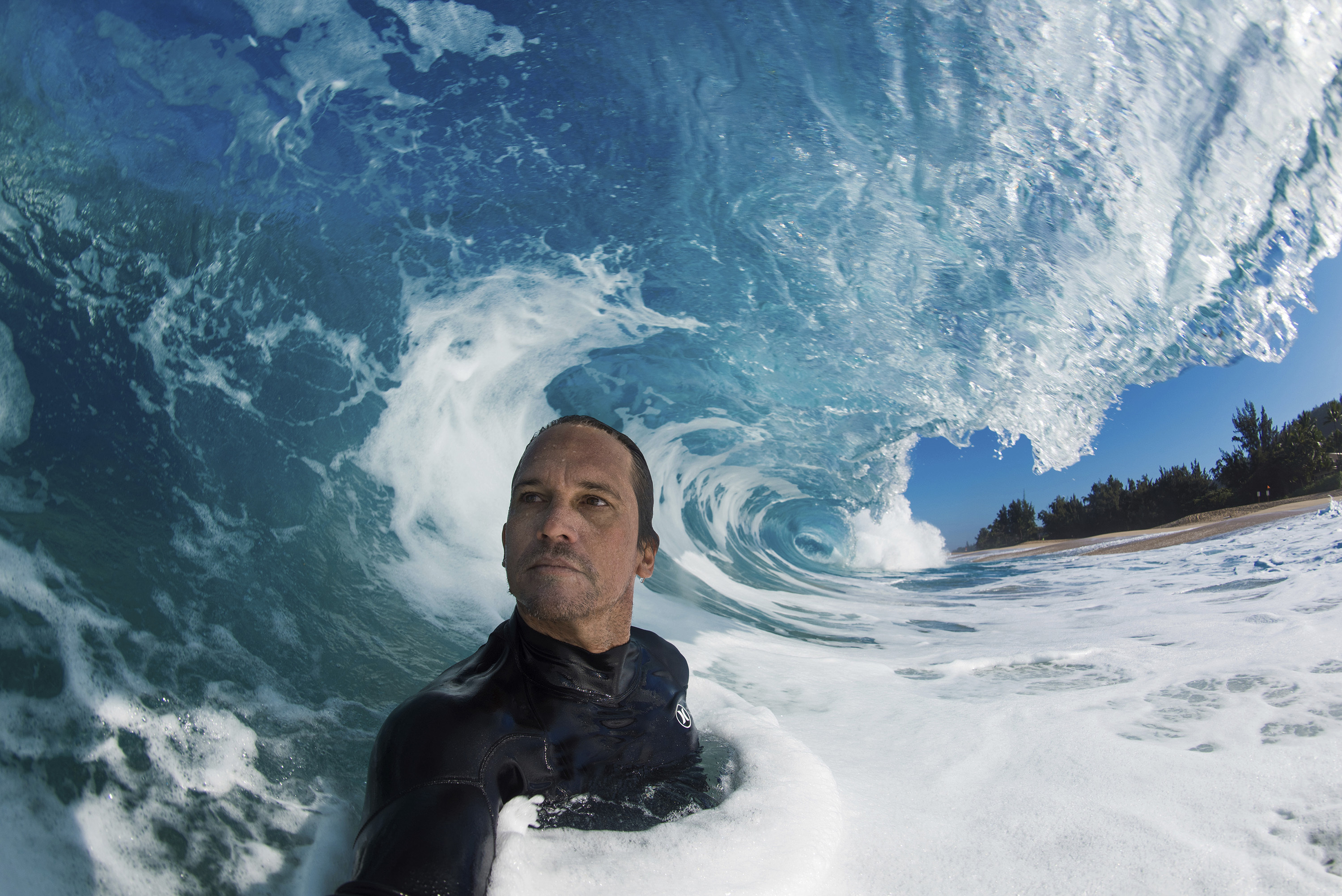 Clark Little takes a selfie as he photographs waves on the North Shore of Oahu near Haleiwa, Hawaii. 