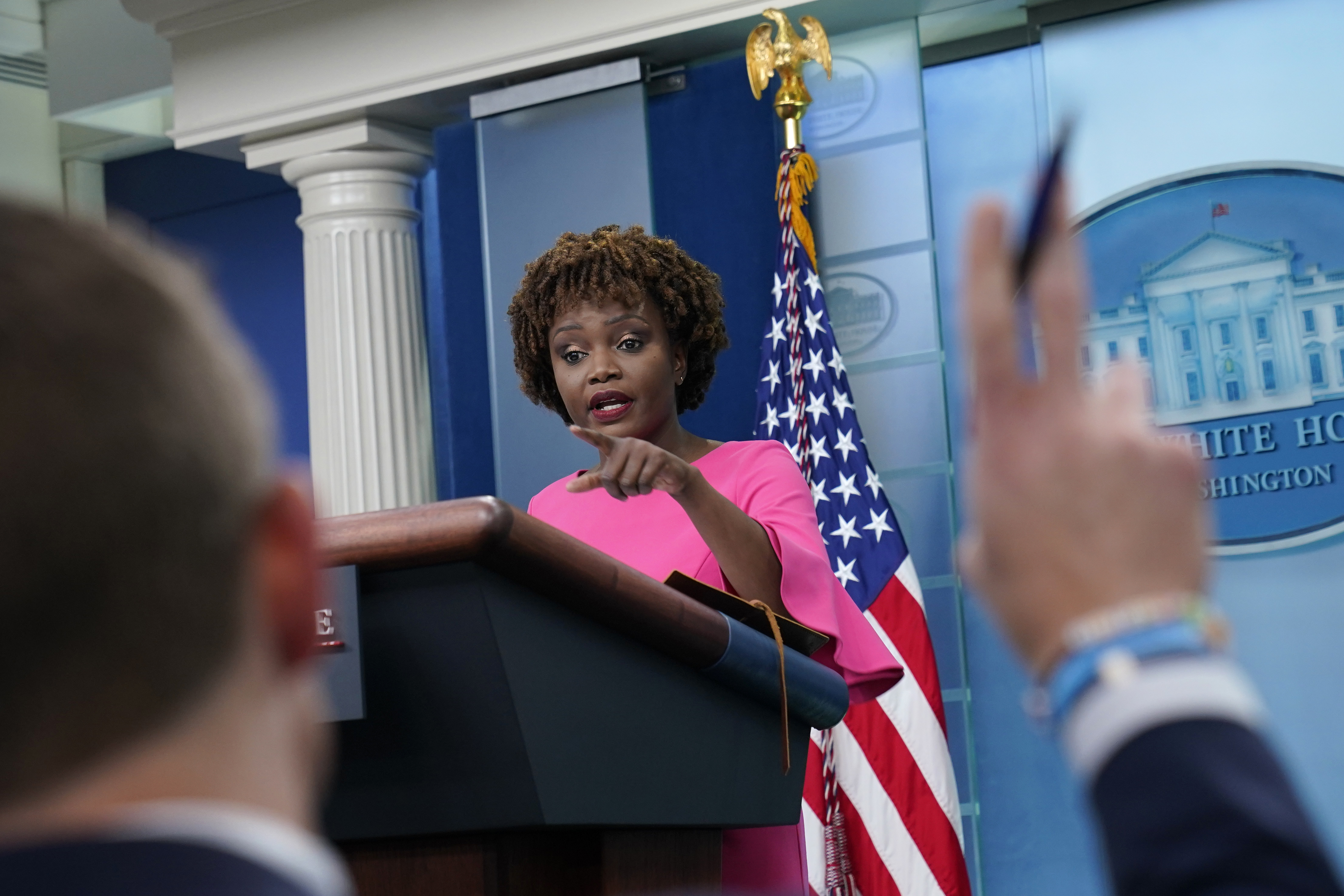 White House press secretary Karine Jean-Pierre speaks during the daily briefing at the White House in Washington, on May 26. Not even the White House is immune from the economic trend known as the "great resignation” as employers struggle to fill vacancies and workers jump to new jobs at record rates.