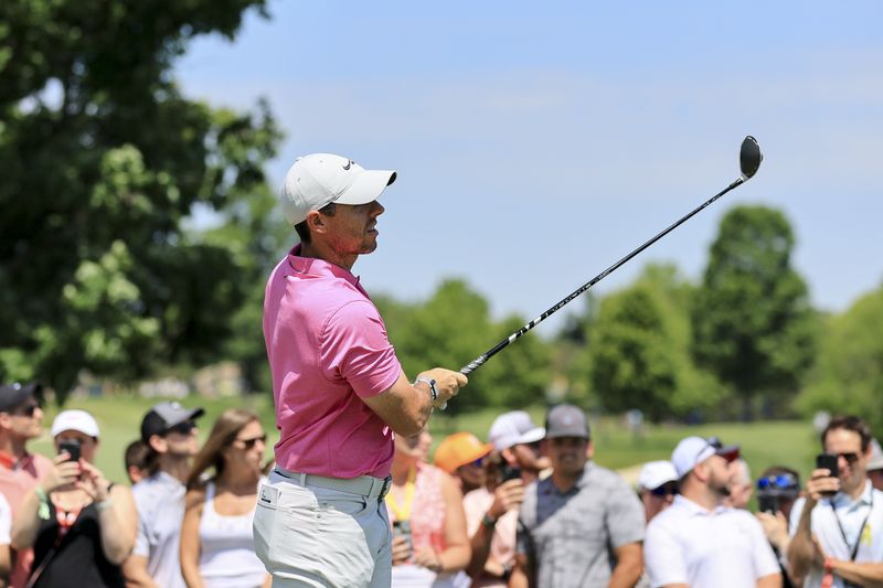 Jun 5, 2022; Dublin, Ohio, USA; Rory McIlroy plays his shot from the first tee during the final round of the Memorial Tournament.