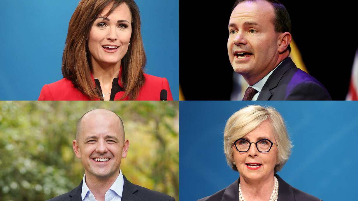 Incumbent Sen. Mike Lee, R-Utah, top right, and Republican challenger Ally Isom, top left, independent challenger Evan McMullin, bottom left, and Republican challenger Becky Edwards, bottom right.