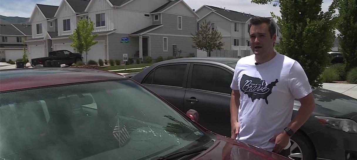 Brent Hill's car was hit Tuesday by a metal post while driving on Interstate 215.