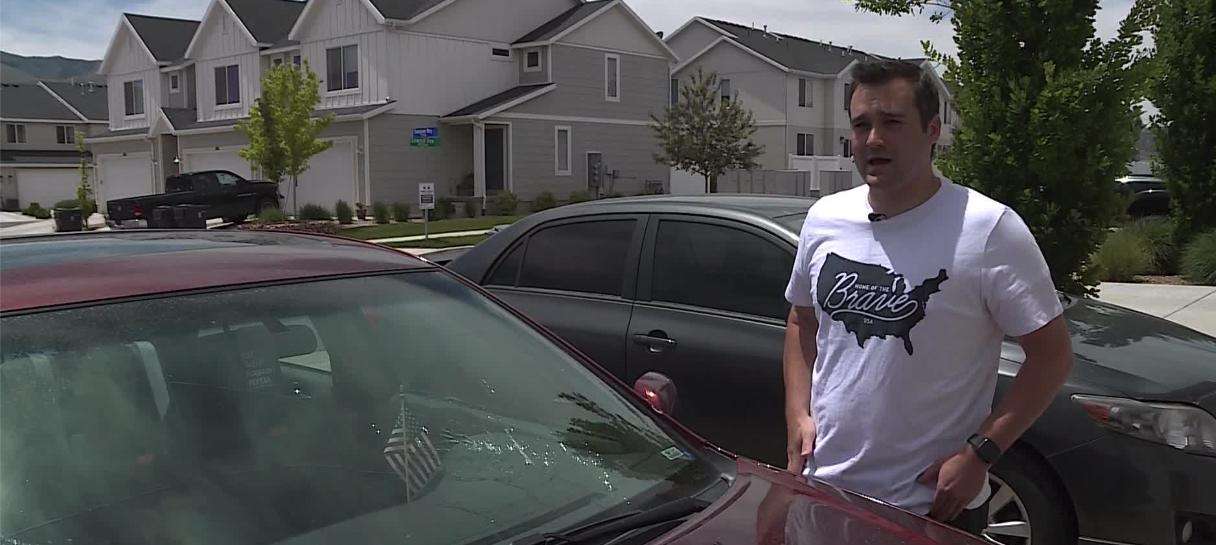 Brent Hill's car was hit Tuesday by a metal post while driving on Interstate 215.