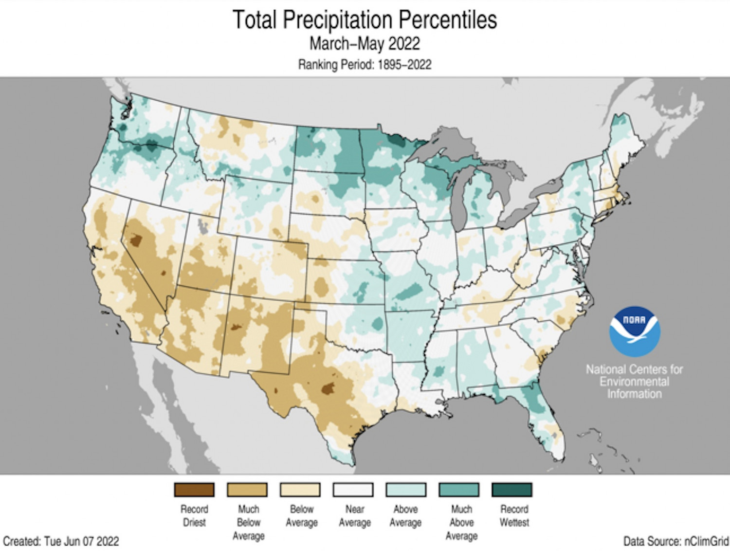 This map, created by the National Centers for Environmental Information, shows precipitation totals across the country during the months of March, April and May. Utah wound up with its 16th driest spring on record.