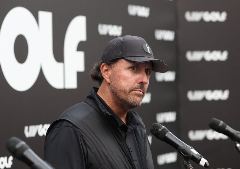 Golf - The inaugural LIV Golf Invitational - Centurion Club, Hemel Hempstead, St Albans, Britain - June 9, 2022 Team Hy Flyers Phil Mickelson of the U.S. speaks to the media after the first round Action Images via Reuters/Paul Childs