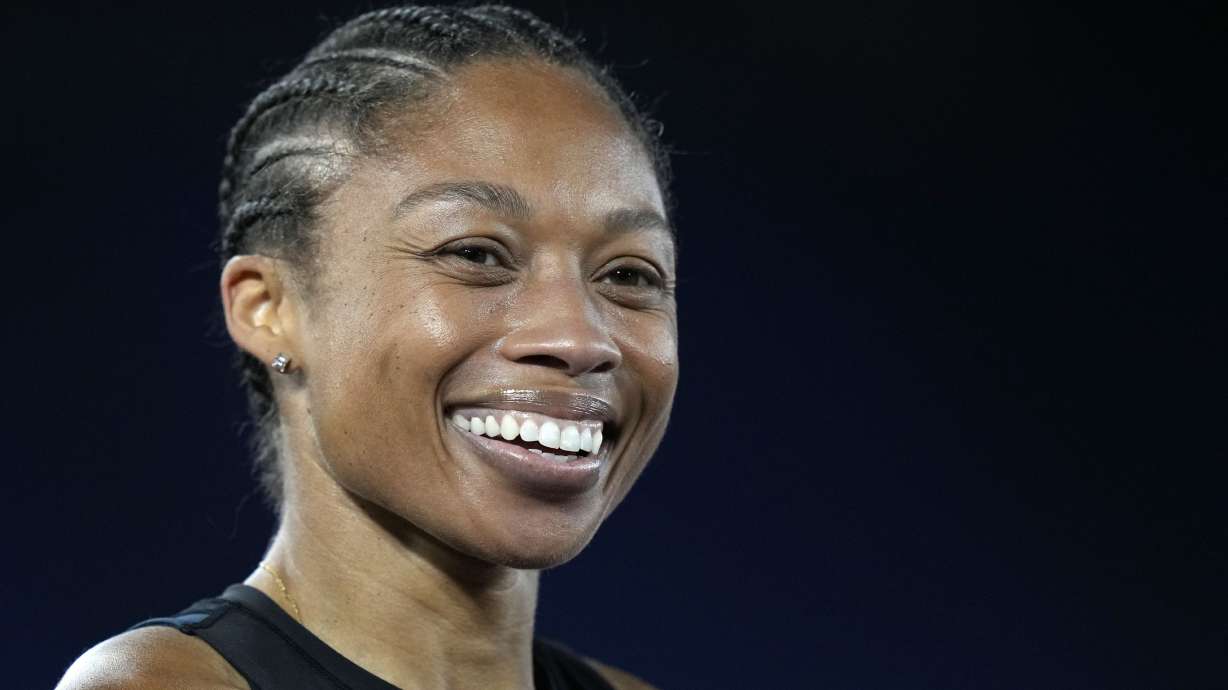 Allyson Felix of the United States smiles at the finish line of the women's 200-meter competition at the Golden Gala Pietro Mennea IAAF Diamond League athletics meeting in Rome, Thursday, June 9, 2022.