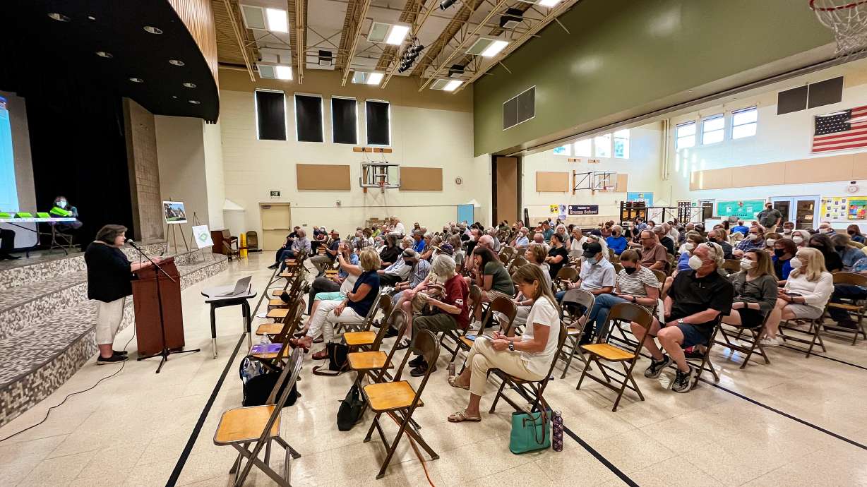 Yalecrest Neighborhood Council Chairwoman Janet Hemming speaks about a citywide affordable housing plan during a meeting at Bonneville Elementary School Thursday evening. The plan won't affect zoning in the neighborhood.
