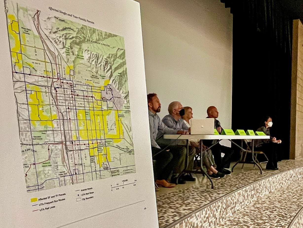 A panel of neighborhood experts listen to questions from Yalecrest residents during a meeting at Bonneville Elementary School in Salt Lake City Thursday evening.