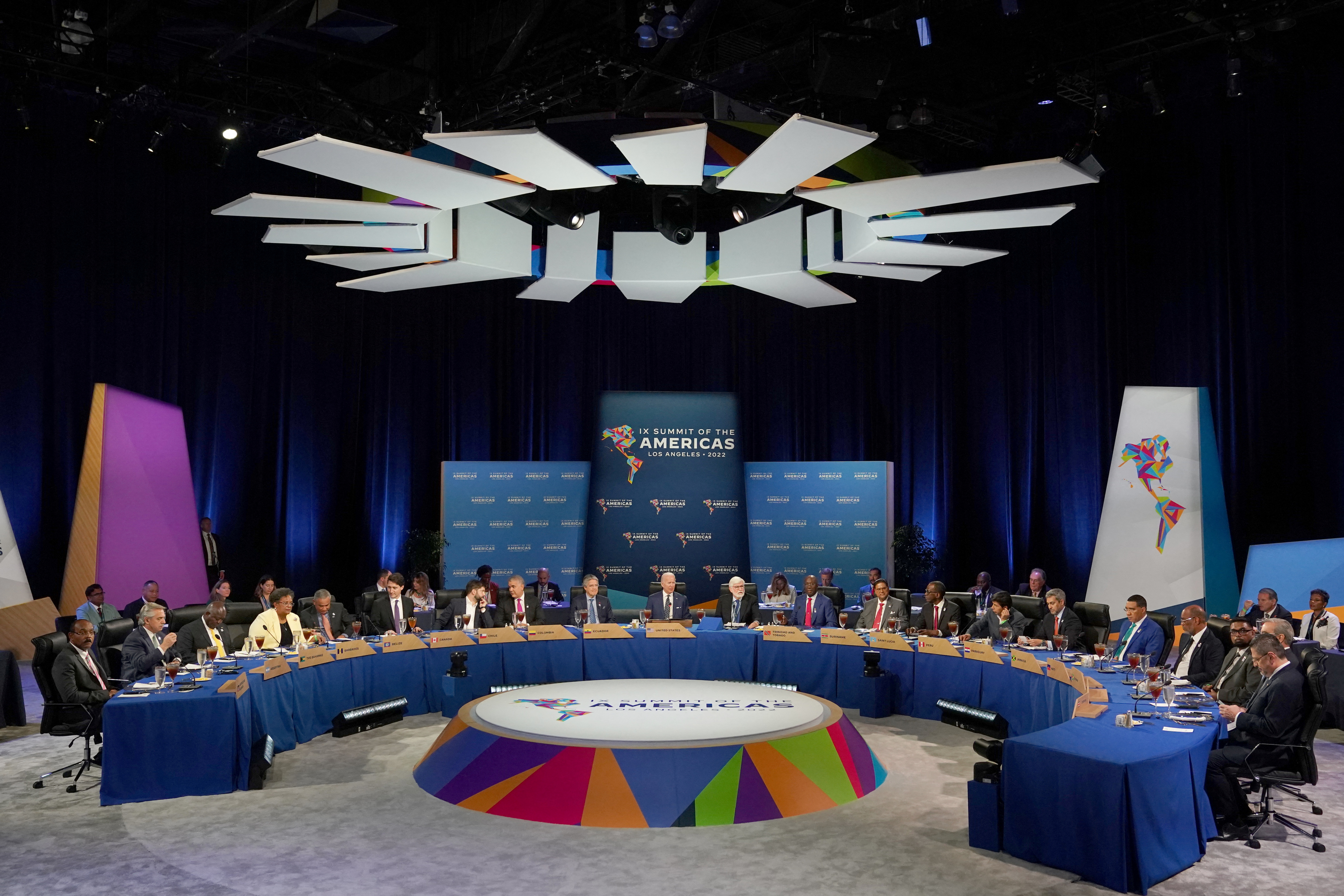 U.S. President Joe Biden hosts the Leaders Retreat and Working Luncheon during the Ninth Summit of the Americas Los Angeles, Friday. Biden and fellow leaders from the Western Hemisphere on Friday rolled out a new set of measures to confront the regional migration crisis.