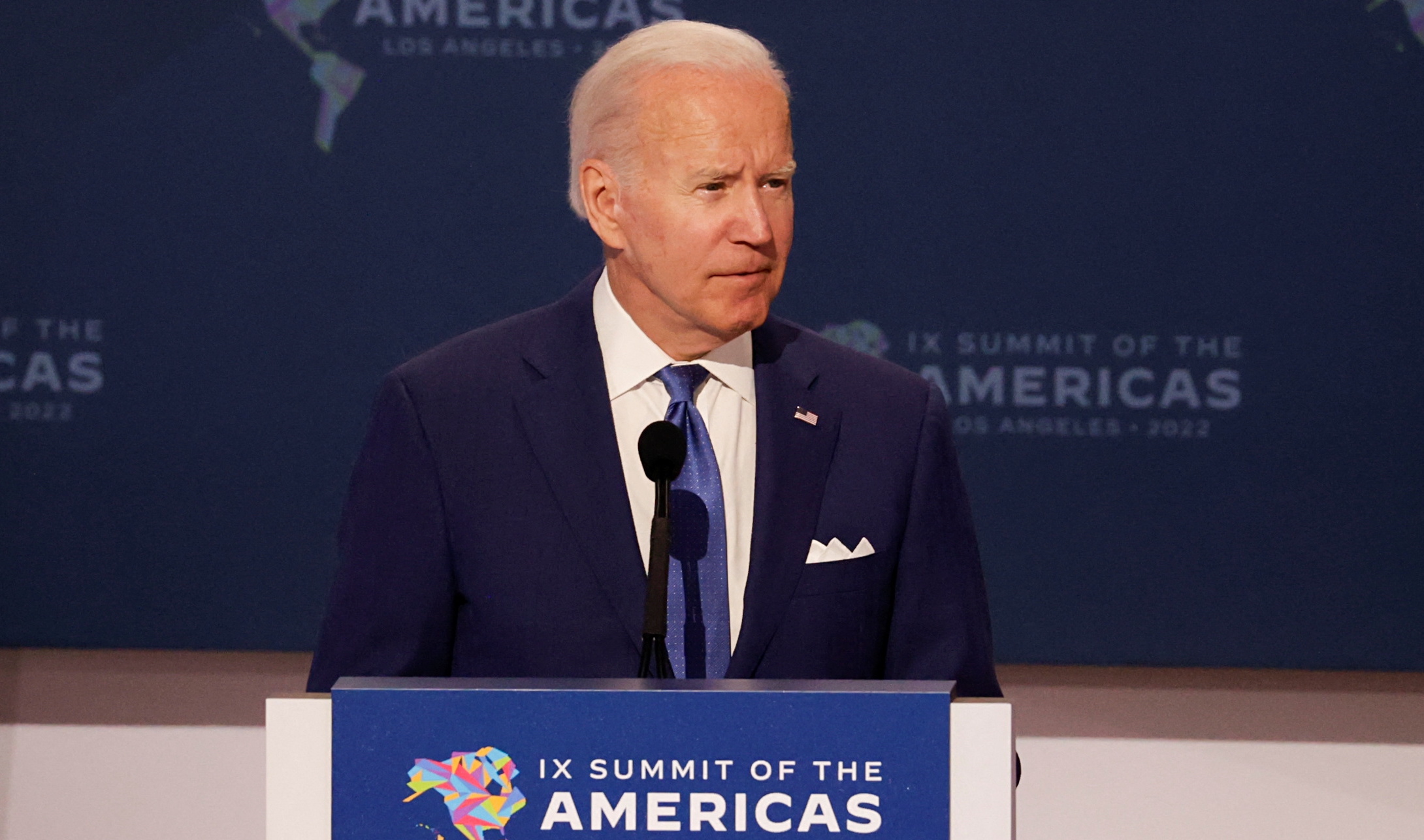 President Joe Biden speaks during the opening plenary session at the Ninth Summit of the Americas in Los Angeles, Thursday. Biden on Friday accused the U.S. oil industry, and Exxon Mobil in particular, of capitalizing on a supply shortage to fatten profits after a report showed inflation surging to a new 40-year record.