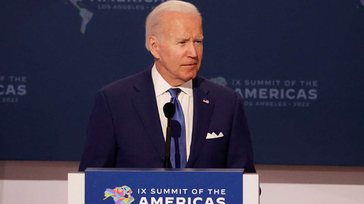 President Joe Biden speaks during the opening plenary session at the Ninth Summit of the Americas in Los Angeles, Thursday. Biden on Friday accused the U.S. oil industry, and Exxon Mobil in particular, of capitalizing on a supply shortage to fatten profits after a report showed inflation surging to a new 40-year record.