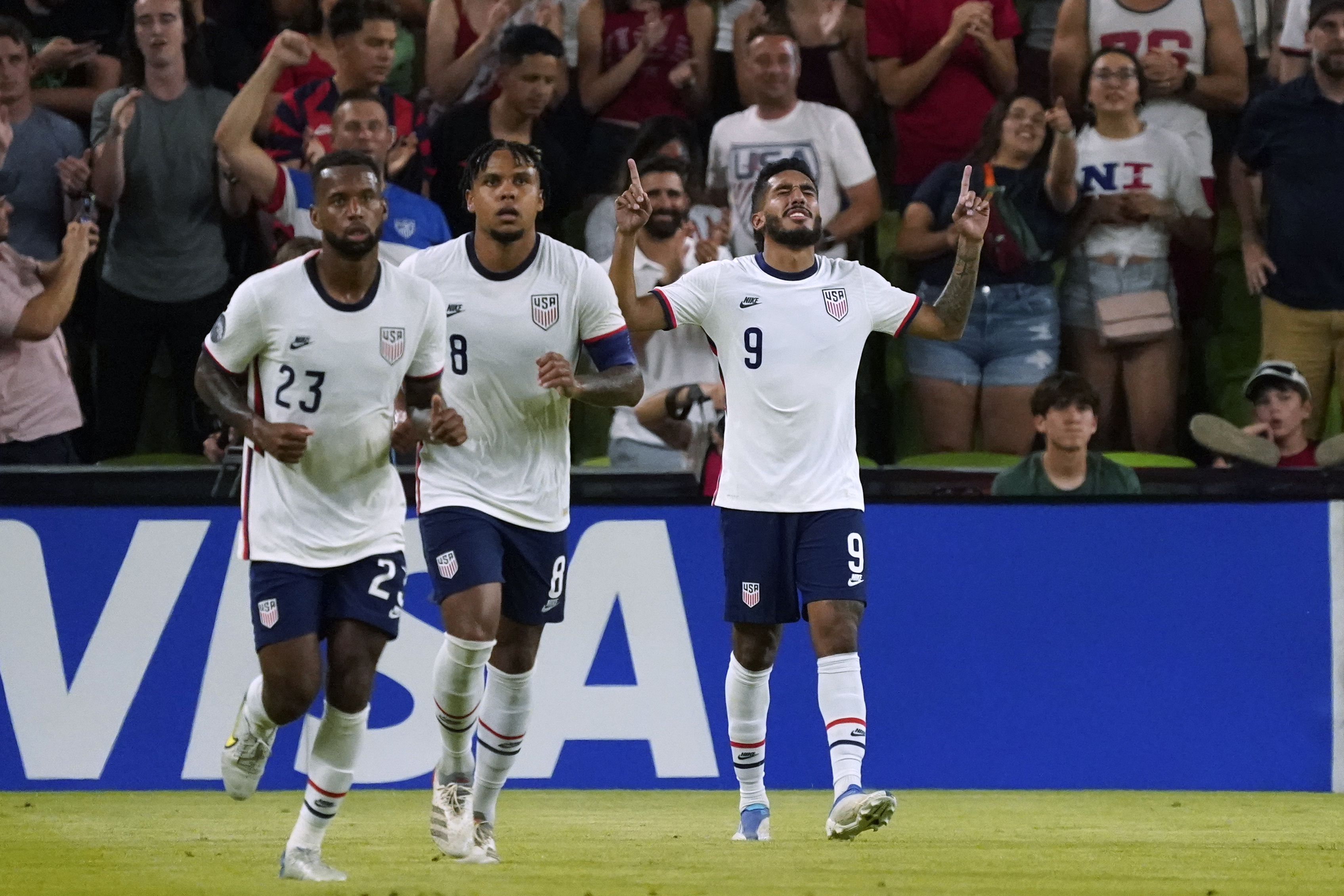 U.S. forward Jesus Ferriera (9) celebrates his goal against Grenada during the first half of a CONCACAF National League soccer match in Austin, Texas, Friday, June 10, 2022. 