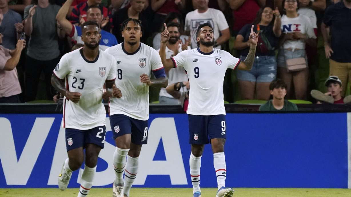 U.S. forward Jesus Ferriera (9) celebrates his goal against Grenada during the first half of a CONCACAF National League soccer match in Austin, Texas, Friday, June 10, 2022.